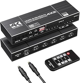 HDMI Matrix Switch 4x2, 4K@60Hz 4 in 2 Out HDMI Matrix Switch Splitter, EDID Extractor and IR Remote Control, Supports 4K HDR, HDMI 2.0b, HDCP 2.2