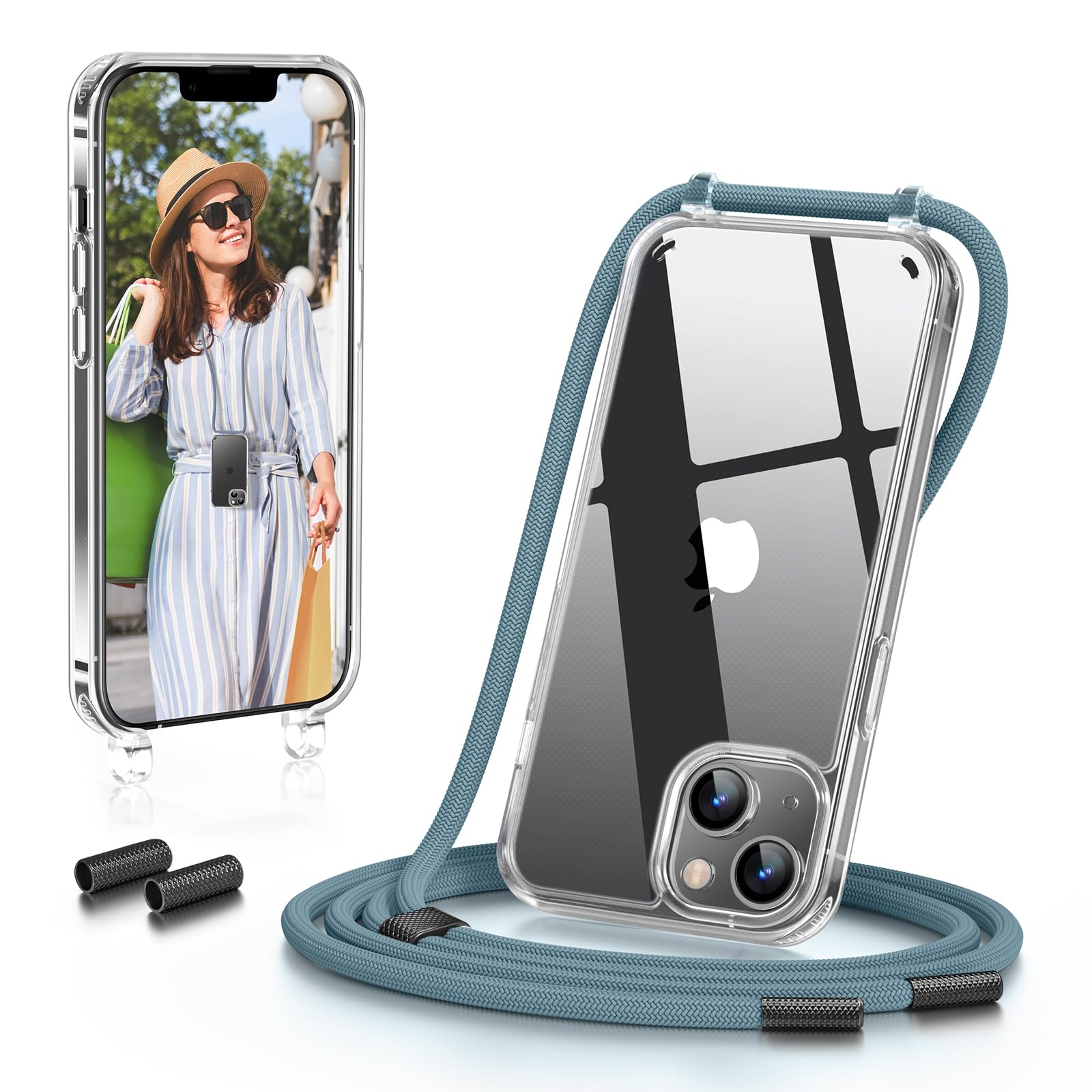 GOODVISH Cover Trasparente con Cordino per iPhone 14 6.1", Custodia con Regolabile Laccio Tracolla, [Antiurto] [AntiGraffio] [Antiscivolo] Case con Collana, Pino Verde
