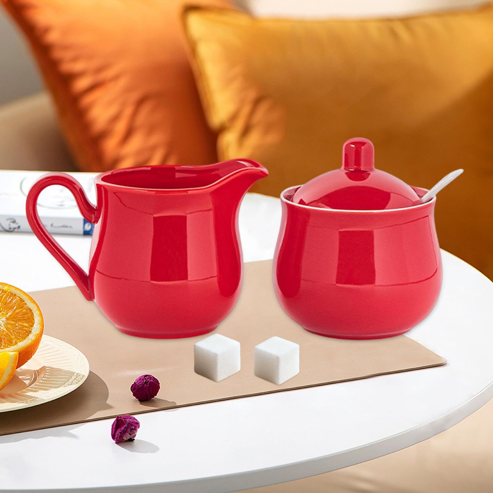 Amagogo Juego de azucarero y Crema de cerámica, azucarero con Tapa y Cuchara, Uso doméstico, práctico, Decorativo, Jarra para Crema, Rojo