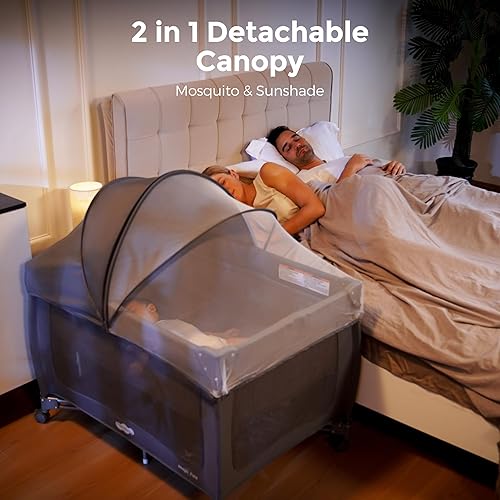 Miniatura 3 de Pamo Babe Pack and Play Cuna portátil 4 en 1 de un solo paso para plegar para bebé con moisés, mosquitera, cambiador