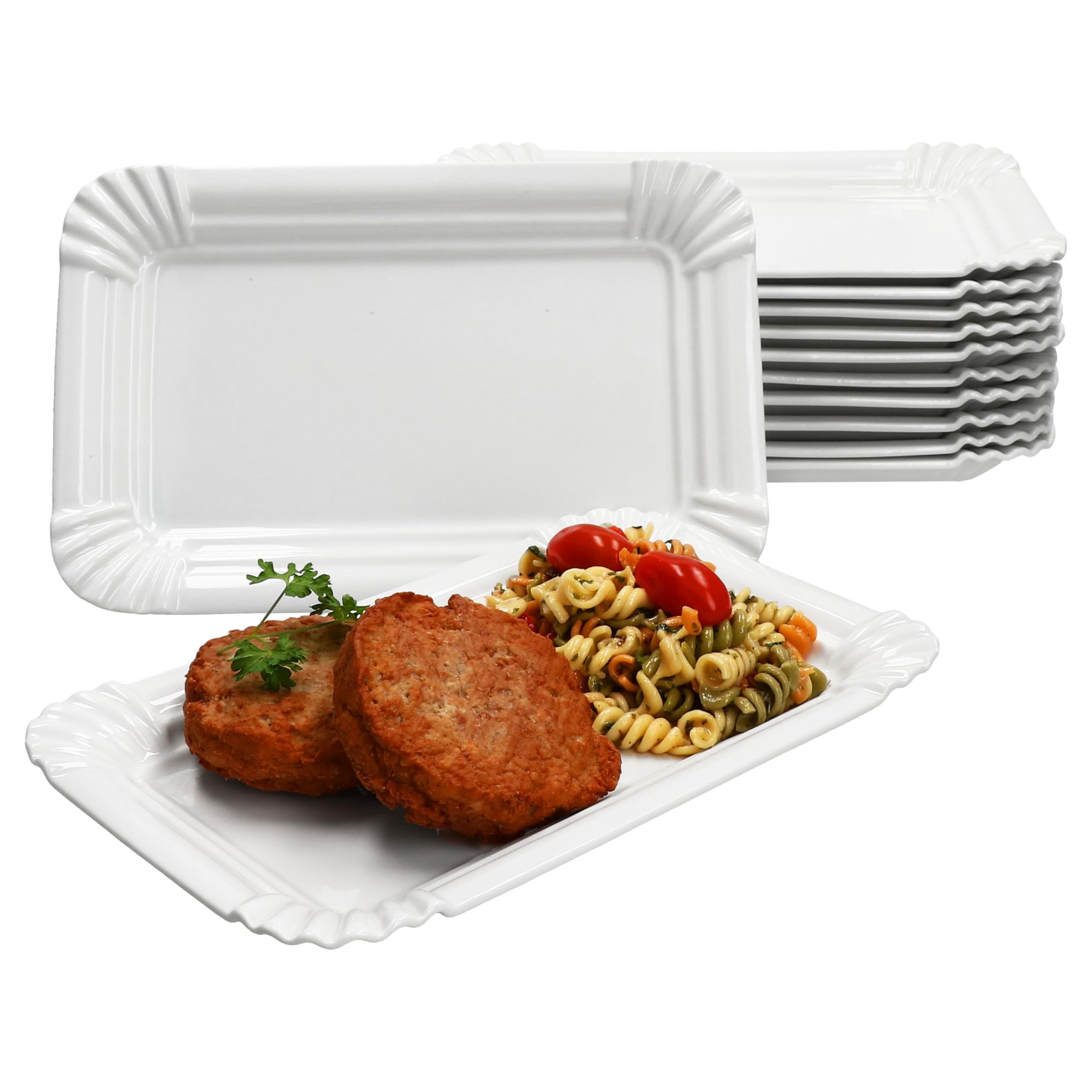 MamboCat 12er Set Pur Pappteller aus Porzellan I (LxB) 24,5x16cm I rechteckige Teller mit Papp-Optik & Relief für Kuchen, Brötchen, Burger & Co I wiederverwendbare Servierteller