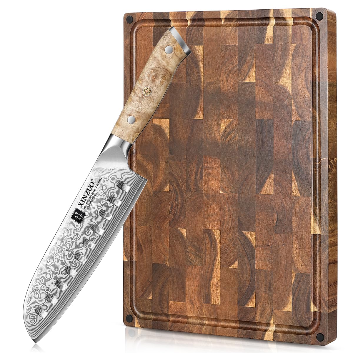 XINZUO 18cm Damaststahl Santokumesser,Ergonomischer Griff aus Bergahornholz mit Großes dickes Hirnholz-Schneidebrett Akazienholz(48.5x35.6x3.8cm),rutschfesten Füßen,eingebauten Griffen und Saftrille