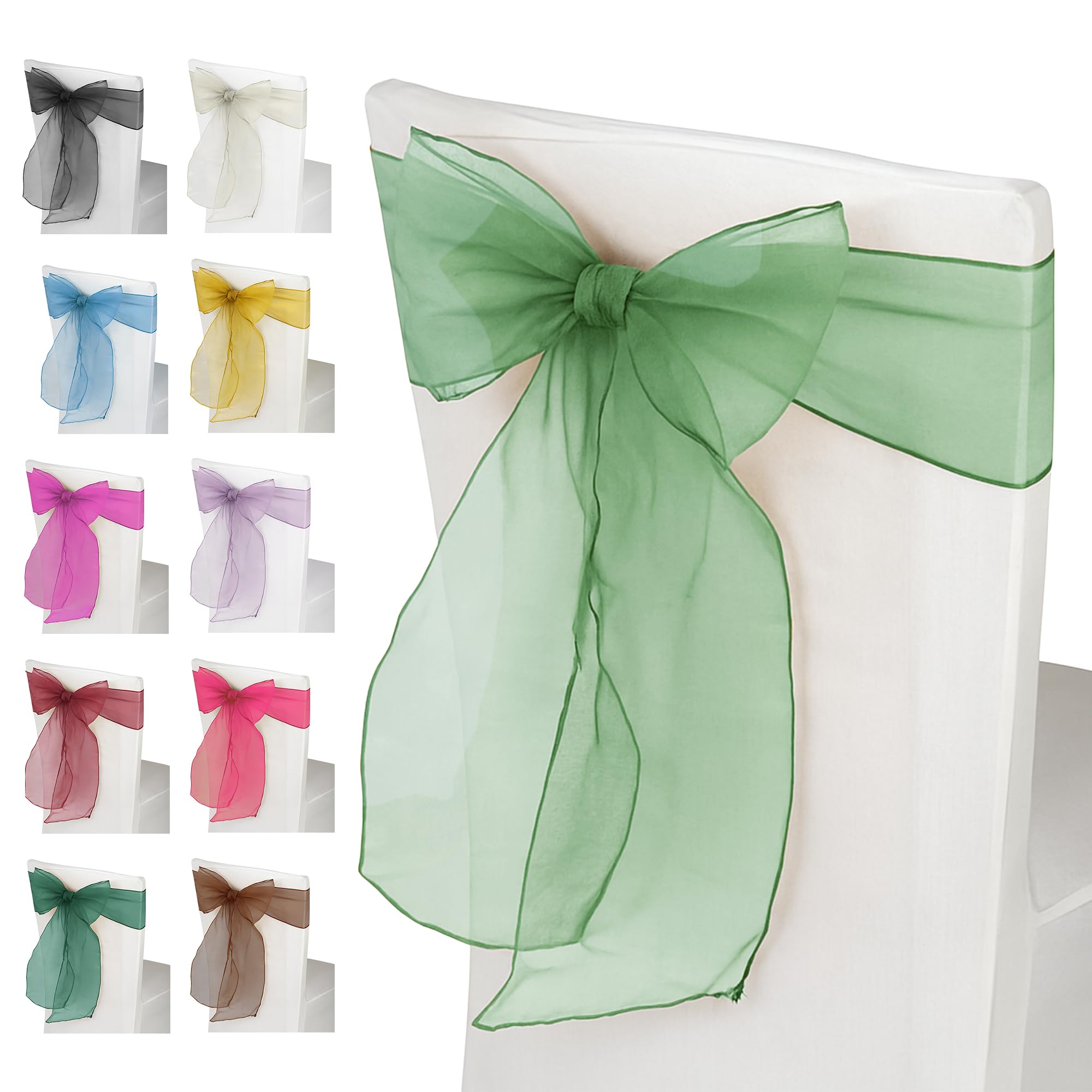Weddecor Organza Sashes for Chair Covers Fuller Bow Ribbons in Green for Banquet, Birthday, Anniversary, Christmas Parties, Event Decoration, 17cm x 280cm, 75pcs
