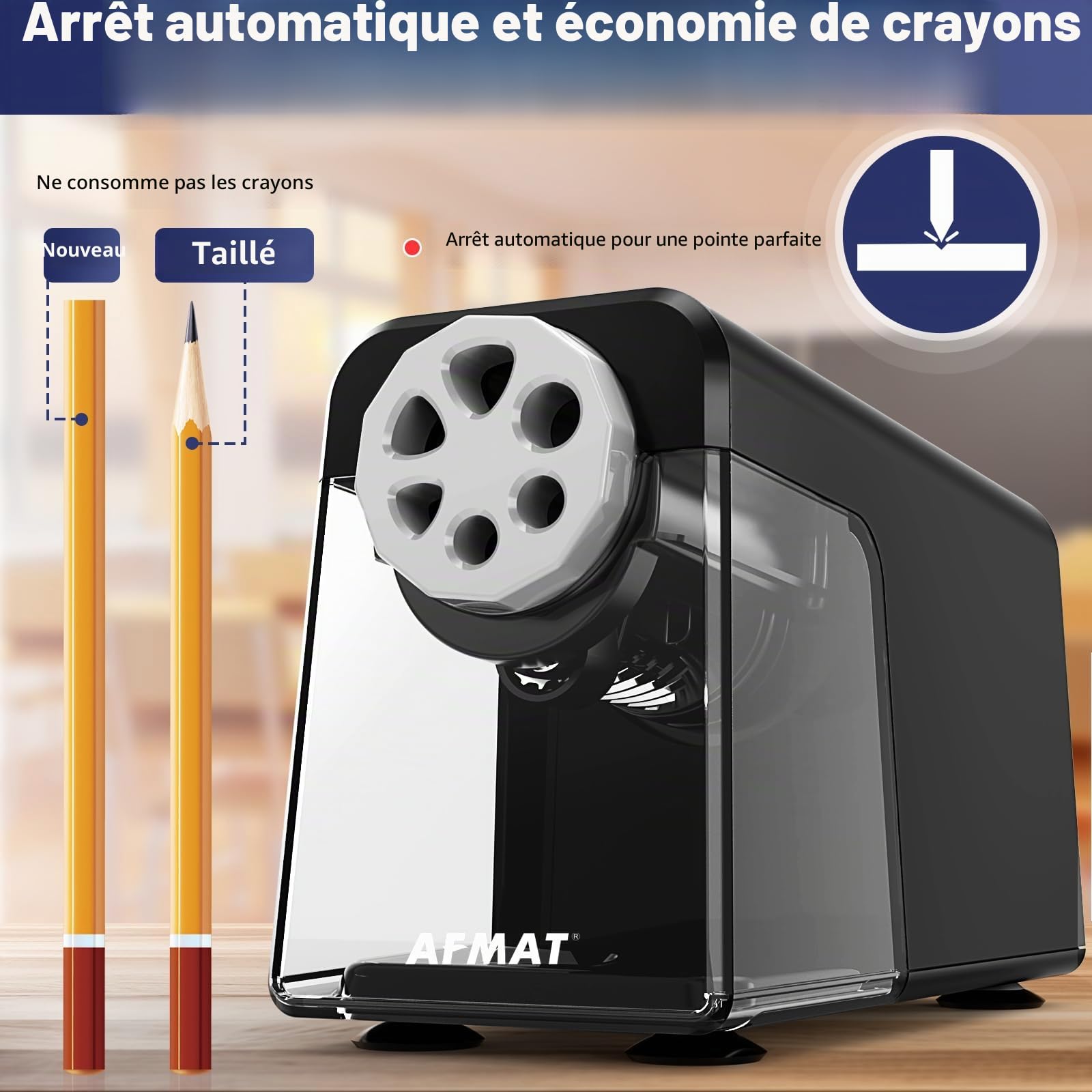 AFMAT Taille-crayon électrique 6 trous avec récipient, arrêt automatique et stockage de crayons - Taille-crayon électrique rechargeable pour 6 à 11 mm N° 2/grand/crayons de couleur, 10 000 tailles