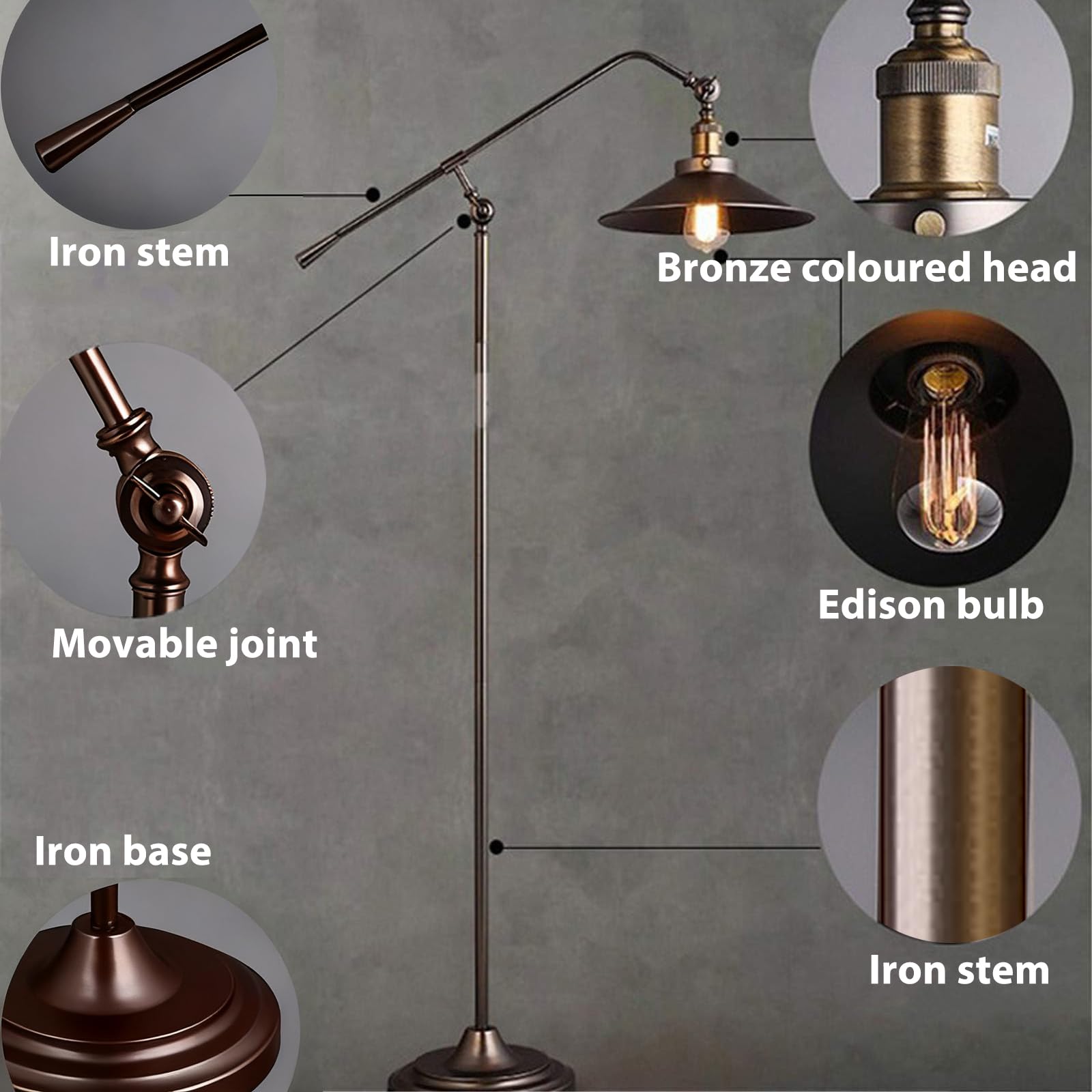 Stehlampe Wohnzimmer Vintage, Dimmbar Stehlampe Industrial mit Fernbedienung, 3000-6000K, Verstellbarer Arm, 6W LED Stehleuchte Retro Metall für Schlafzimmer Büro Arbeitszimmer, Braun