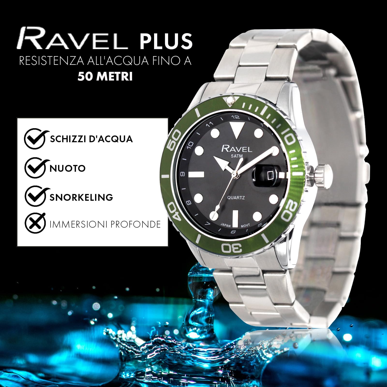 Ravel Plus - Orologio da Uomo Rotondo 42 mm con Calendario e Impermeabilità 5 ATM, Lunetta Girevole Unidirezionale e Vetro Zaffiro con Rivestimento Protettivo - Analogico Quarzo - RPD-09-12