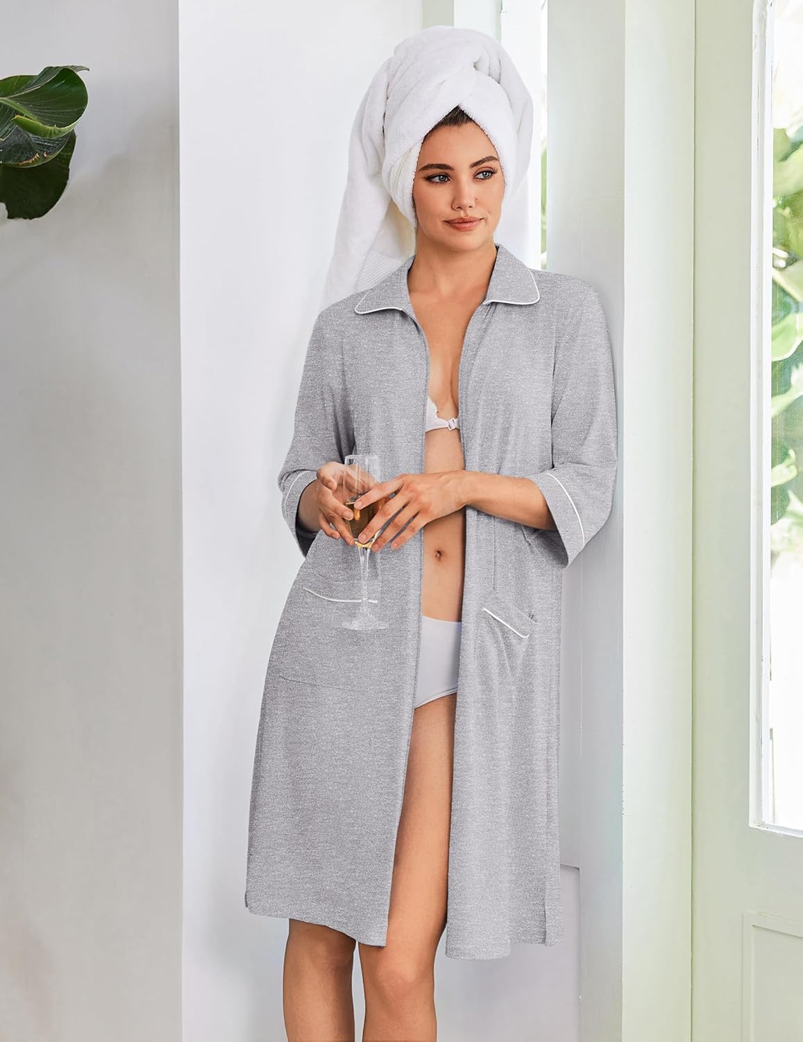 Ekouaer Zipper Robes for Women 3/4 Sleeve Housecoats Knee Length Bathrobe Lightweight Nightgown with Pockets S-3XL - Image 3