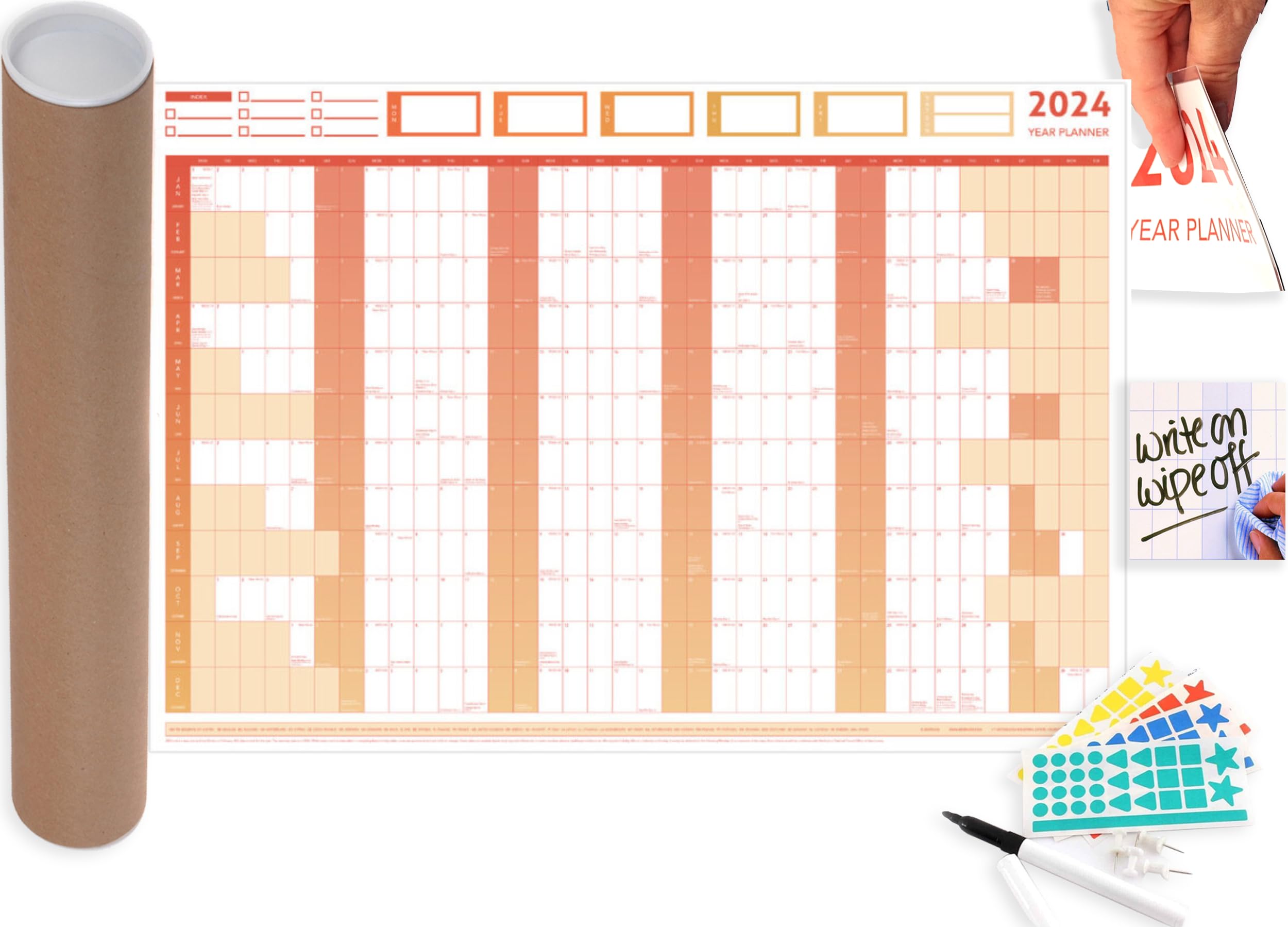 2024 Giant Year Wall Chart And Holiday Planner Laminated Size: 85 x 120cm With FREE Accessory Kit Pen Fixing Pins & Coloured Stickers (Red)