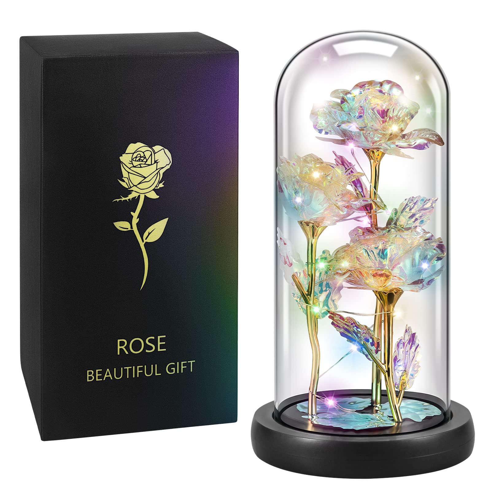 Valentines Day Gift for Her, Artificial Flowers Preserved Rose Galaxy Rose in Glass Dome Eternal Rose with Lights, Birthday Gifts for Women Wife Mom