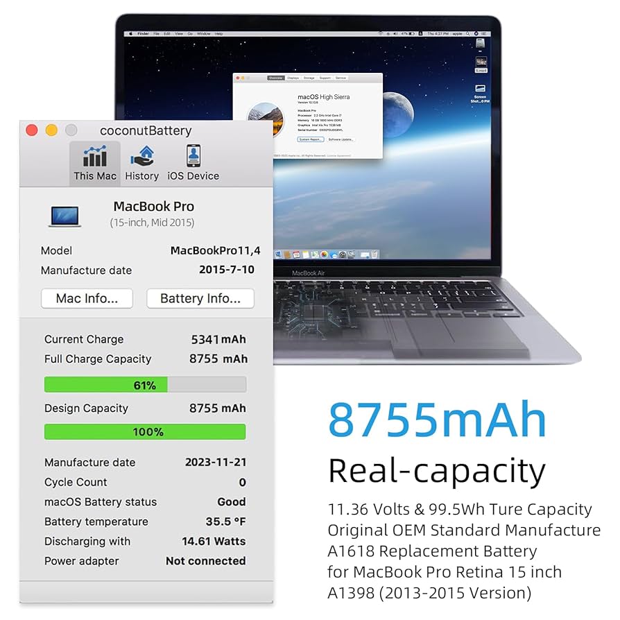 Newバッテリー　MacBook Pro 15インチ　A1398 500GB Amazon.com: BatPower A1618 Replacement Laptop Battery for
