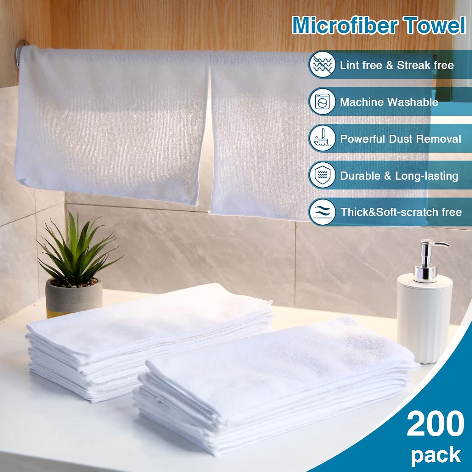 Macarrie 200 Microfiber Cleaning Cloths, Microfiber Towels for Car, Absorbent Wash Cloths Reusable Lint-Free Streak Free Cleaning Rags for House, Kitchen, Window, Restaurant, Shop, 12×12" (White)