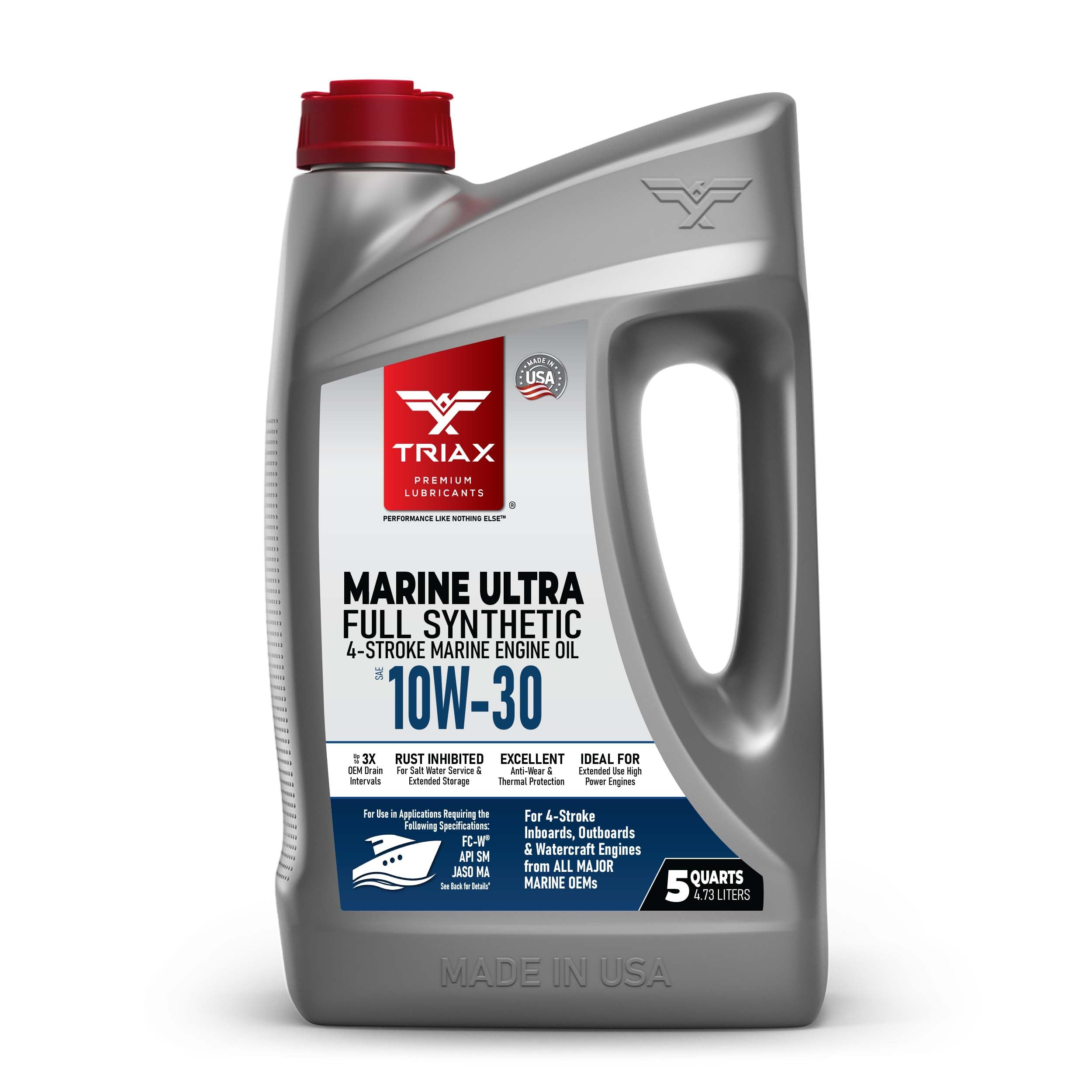 TRIAX Marine Ultra 10W-30 Aceite de Motor Marino Sintético Completo de 4 Tiempos para Motores de Barcos Intraborda/Fueraborda/Deportivos, Cumple con NMMA FC-W, JASO-MA en 5 Cuartos/4,73 Litros.