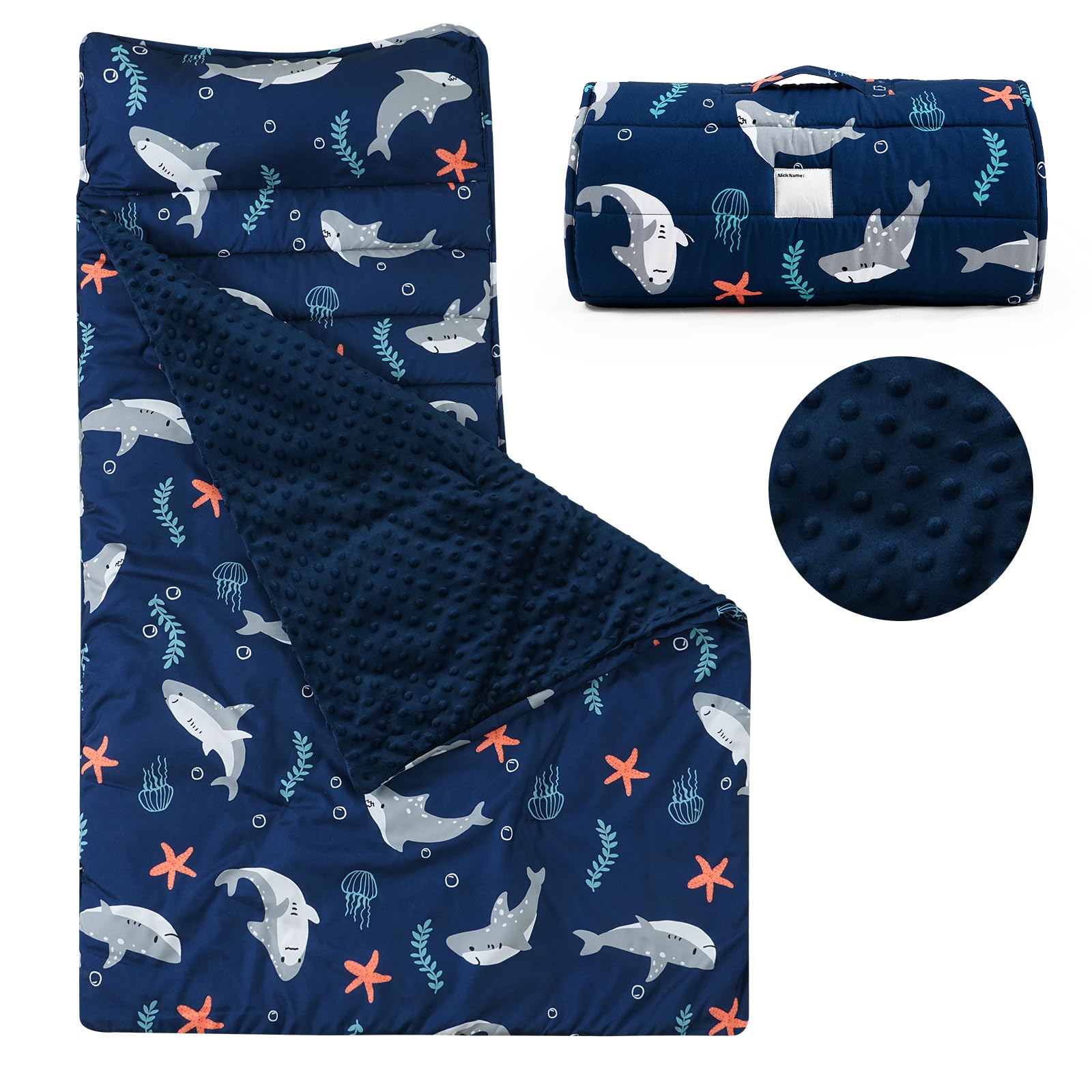 phf toddler nap mat with removable pillow and minky fleece blanket, rollup design warm slumber bags for boys, 52"x20"x2" kids sleeping bag for daycare preschool travel camping, shark