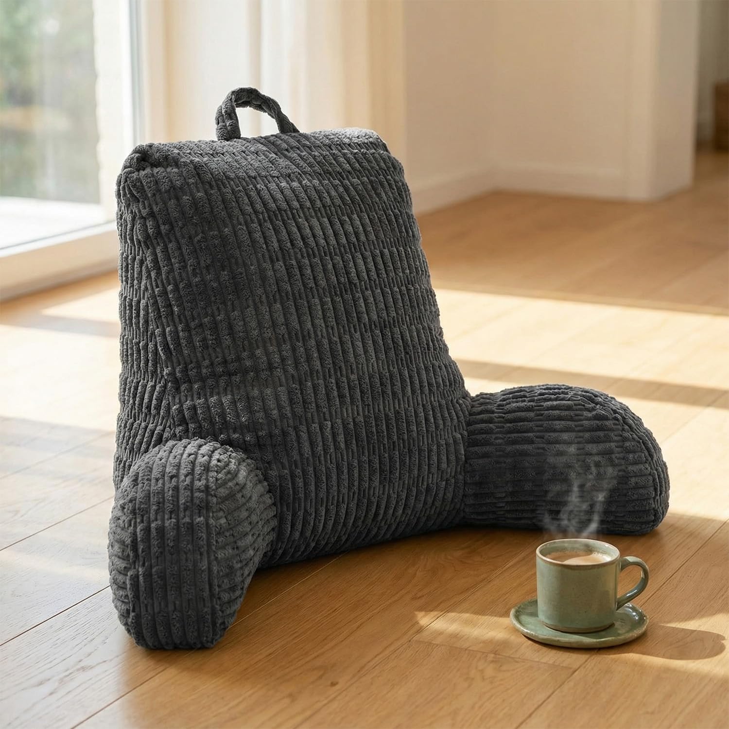Lesekissen für Bett Und Sofa, Rückenkissen Sofa für Erwachsene mit Armlehne, RückenstüTze Abnehmbar und Waschbar, Rückenlehne zum Lesen mit Tasche für Bett, Couch, Boden, Stuhl (Dunkelgrau)