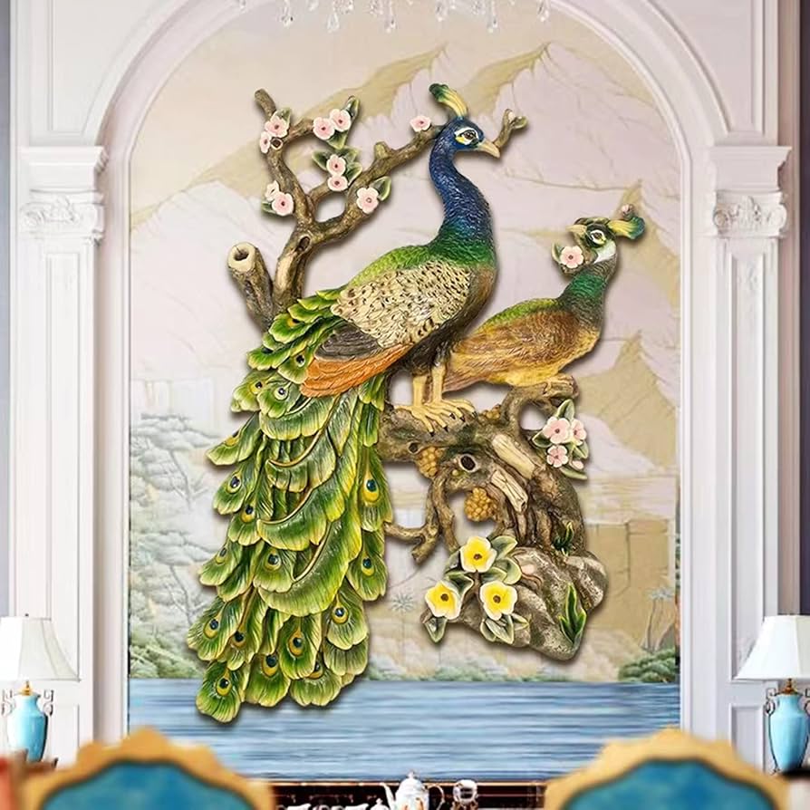 Amazon.co.jp: 3Dステレオ孔雀レリーフ絵画、壁彫刻、家庭やオフィスの