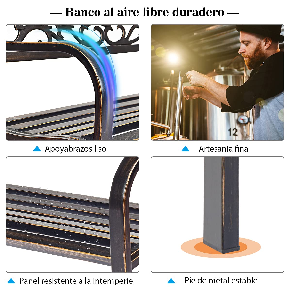 COSTWAY Banco Jardín con Respaldo Decorativo, Exterior de Metal Forjado, Terraza Diseño Rústico, 2-3 Personas, Silla de Parque 127 x 63,5 x 89 cm, 320 kg para Parque Bronce