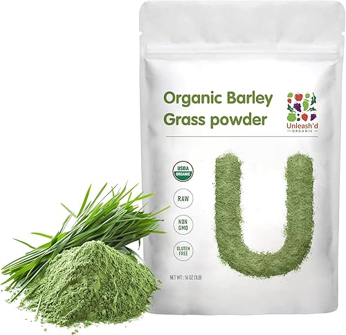 UNLEASH'D ORGANIC Hierba de cebada en polvo 1 libra 100% puro y orgánico, superalimentos verdes ricos en vitaminas, minerales, fibras y antioxidantes