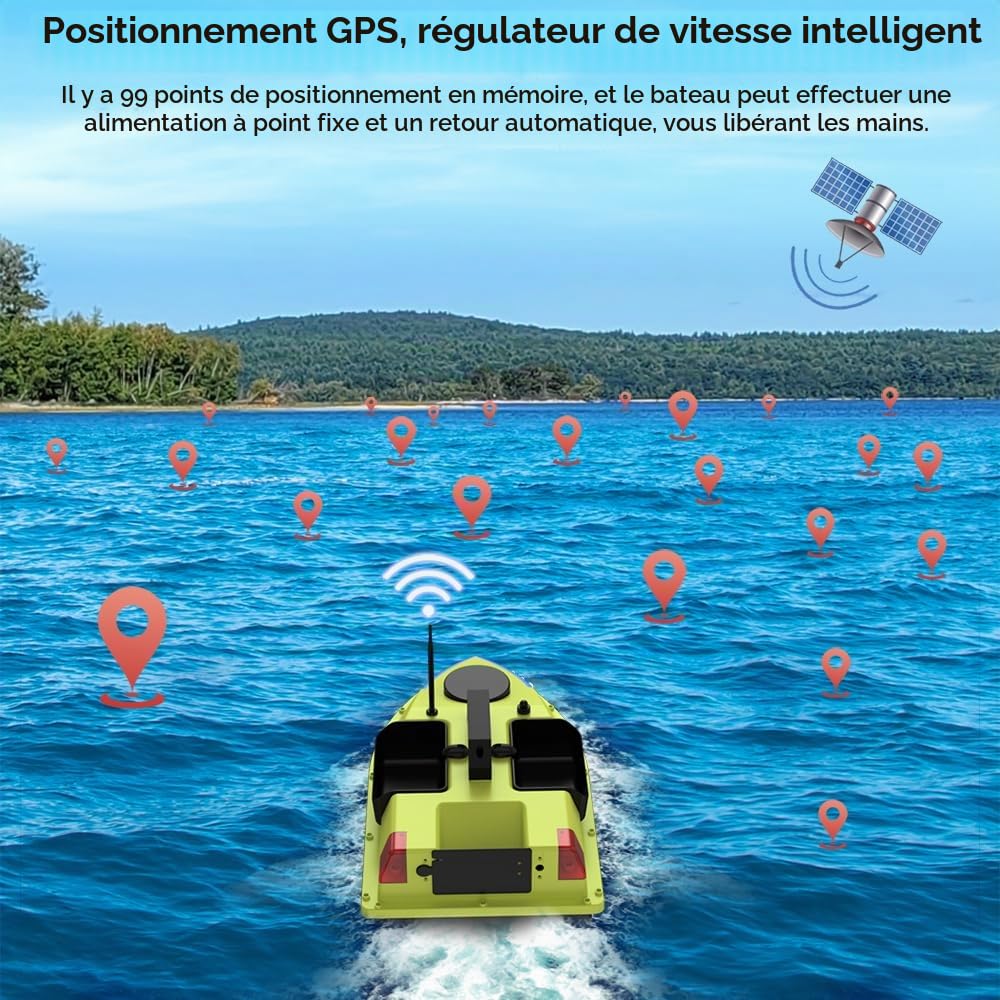 OBEST Bateau d'appât Télécommandé avec GPS, 600M RC Bateaus Nuit LED Pêche,3 Cabines 1.5 kg Chargement Bait Boat, Retour Intelligent, Faible Protection Batterie, Pêche Bateau à Double Moteur, 5200mAh
