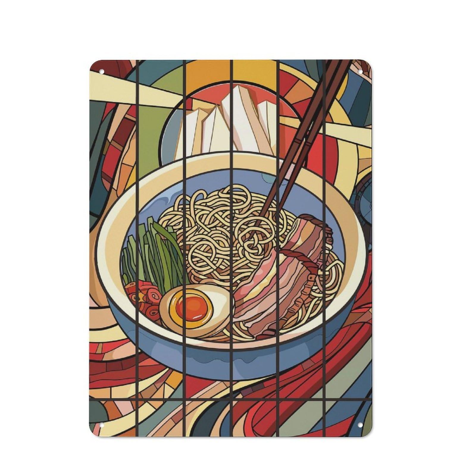 Stained Glass Ramen Bowl Decorative Metal Plaque 40x30cm, Loft Style Urban Room Decor for Flat, Bar, Studio Or Gallery Wall