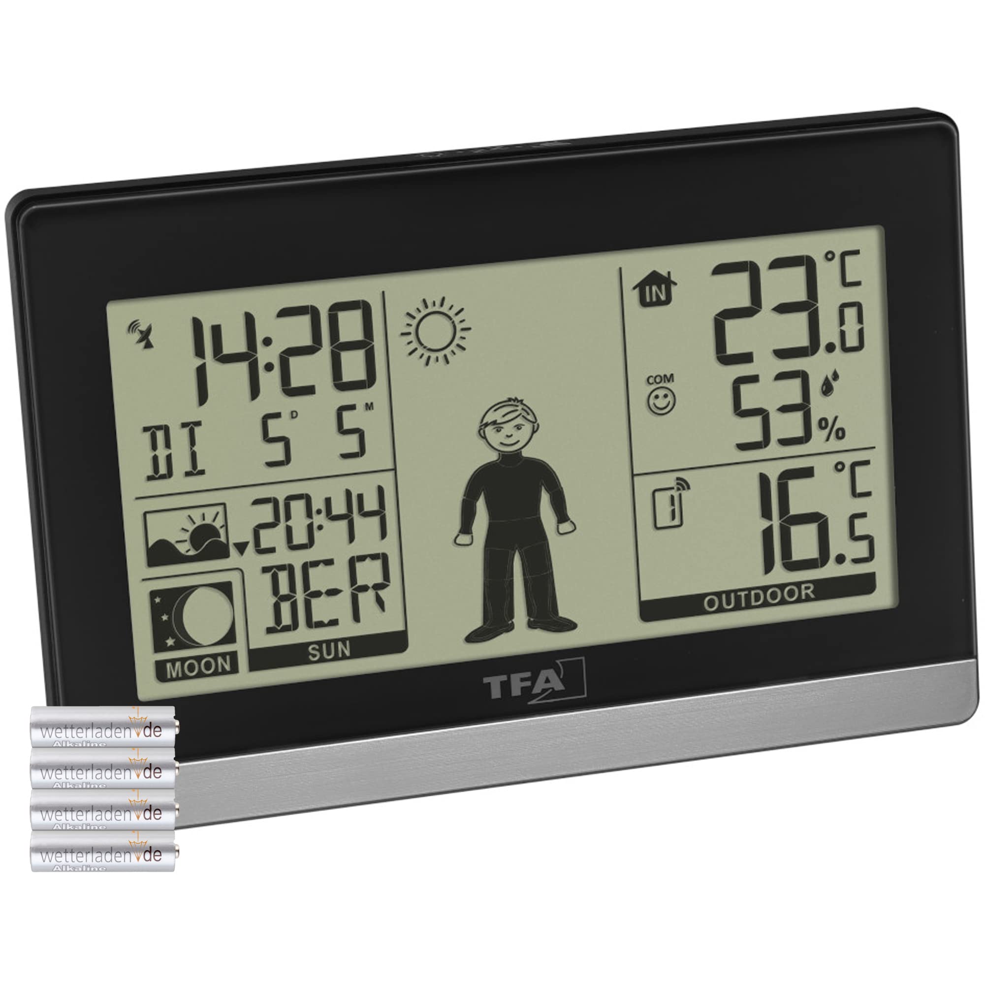 TFA Dostmann Stazione meteo radio Weather Boy, 35.1159, temperatura esterna/interna, previsioni meteo, fase lunare/sole e tramonti (nero con batterie)