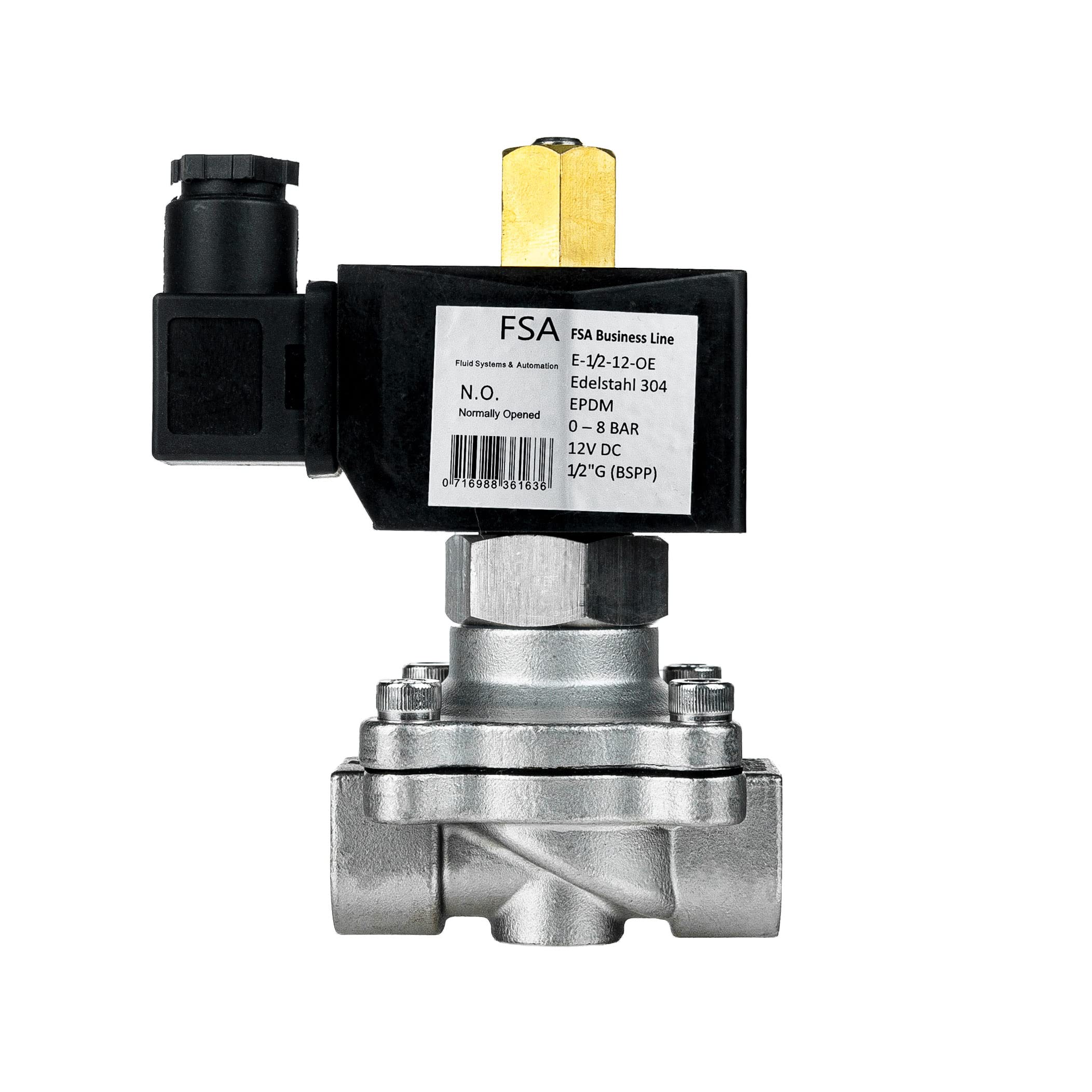FSA électrovanne acier inoxydable 304 1/2" 12V DC 0-8 bar EPDM ouverte sans courant