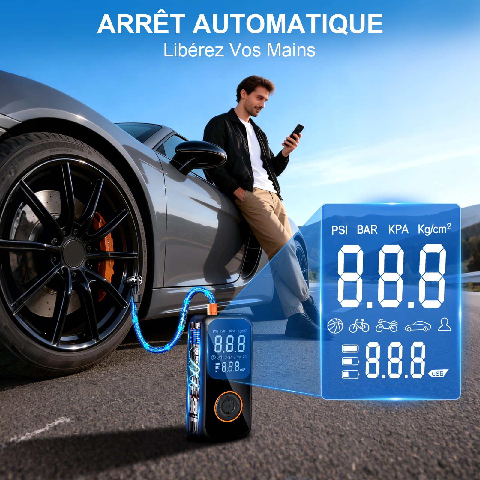 Gonfleur Pneus Voiture Sans Fil, 8000mAh Mini Compresseur à Air Portatif, 150PSI Pompe a Velo Electrique avec écran LCD numérique et lampe de poche LED,Gonfleur Pneu pour Vélo,Voiture,Moto,Ballons