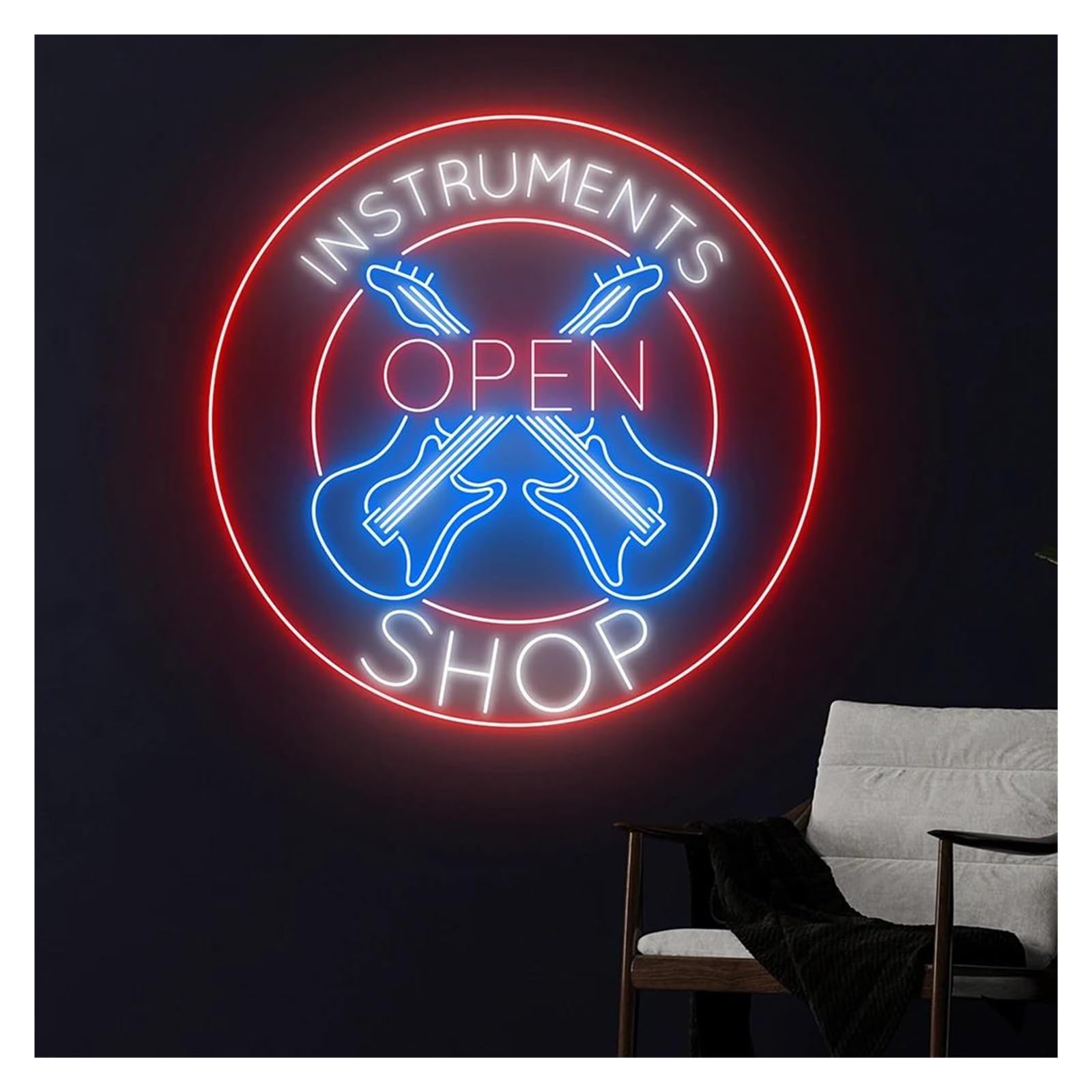 Scritta luminosa Insegna Per Negozio Di Strumenti Musicali, Chitarra Elettrica Aperta, Rock And Roll, Studio Di Musica Dal, Decorazione Per La Stanza 60x60cm