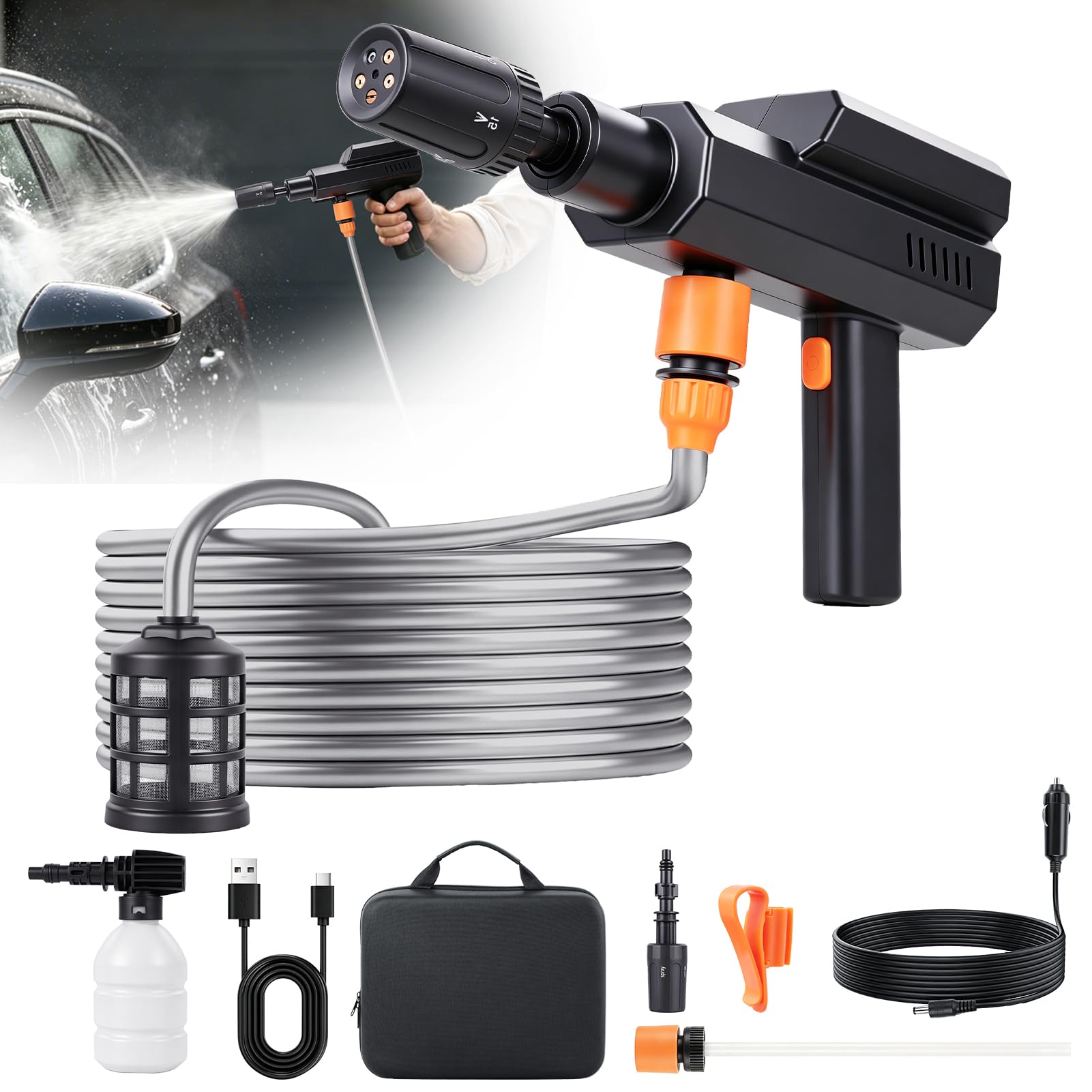 870 PSI Cordless Power Washer with 5-Mode Spray Gun – Rechargeable 12V Lithium Battery (3×4000mAh), Extended 16.5-Foot Hose – Ideal for Car Cleaning, Patio & Outdoor Use