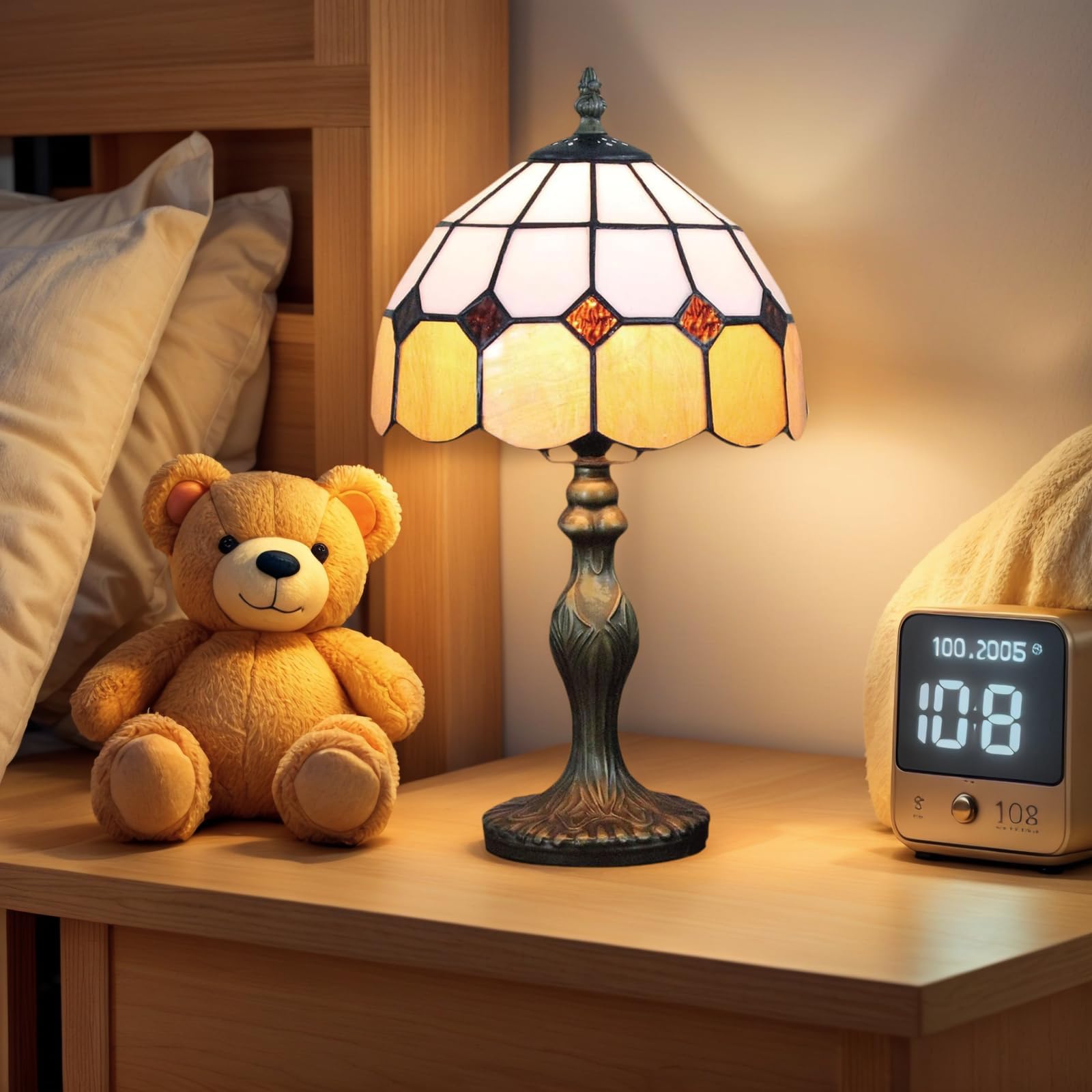 Tiffany Stil Tischlampe 8 Zoll, Vintage Design mit Buntglas, Energiesparende LED Birne, Ambiente Beleuchtung für Homeoffice, Arbeitszimmer und Nachtisch (ORANGE)