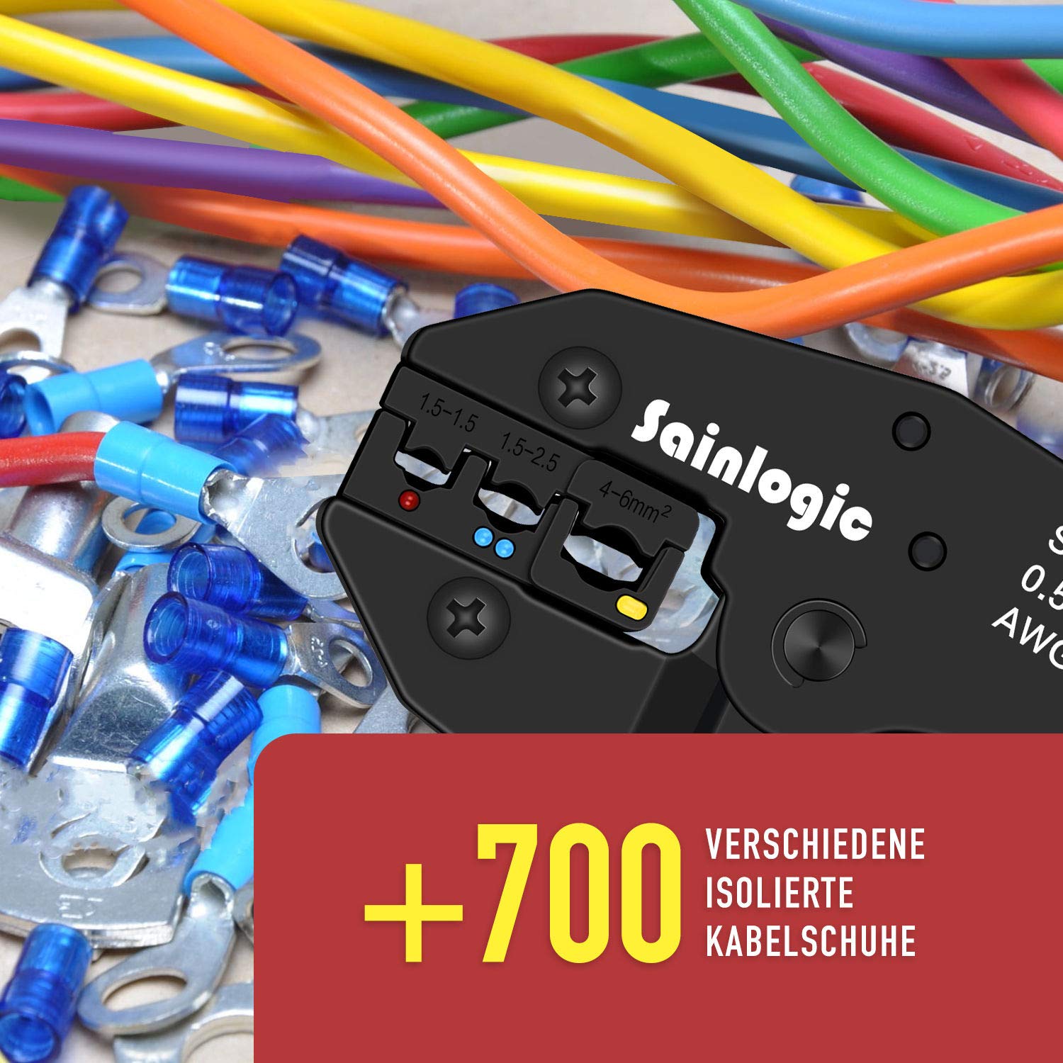 Sainlogic Krimptang kabelschoen set, krimptang kabelschoenen set met 700 stuks, elektrische connectoren knijpverbinders assortiment 0,5-6 m² voor geïsoleerde kabelschoenen