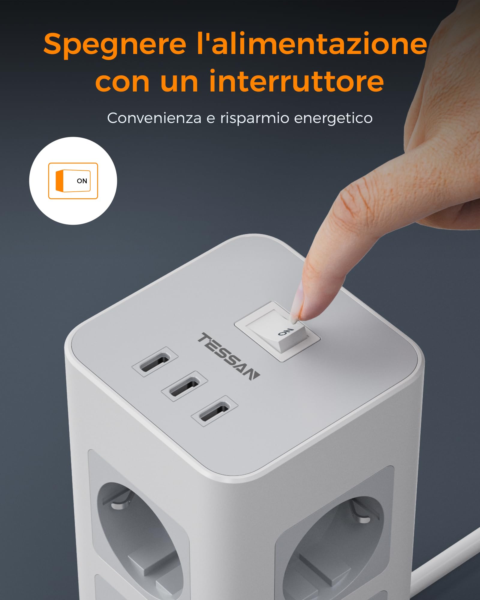 TESSAN 8 Prese Ciabatta Multipresa con 3 USB C, Ciabatta Elettrica con Protezione da Sovratensione 1700J, Ciabatta Elettrica con Interruttore, Multipresa da Scrivania 16A con Prolunga 2M, 3600W
