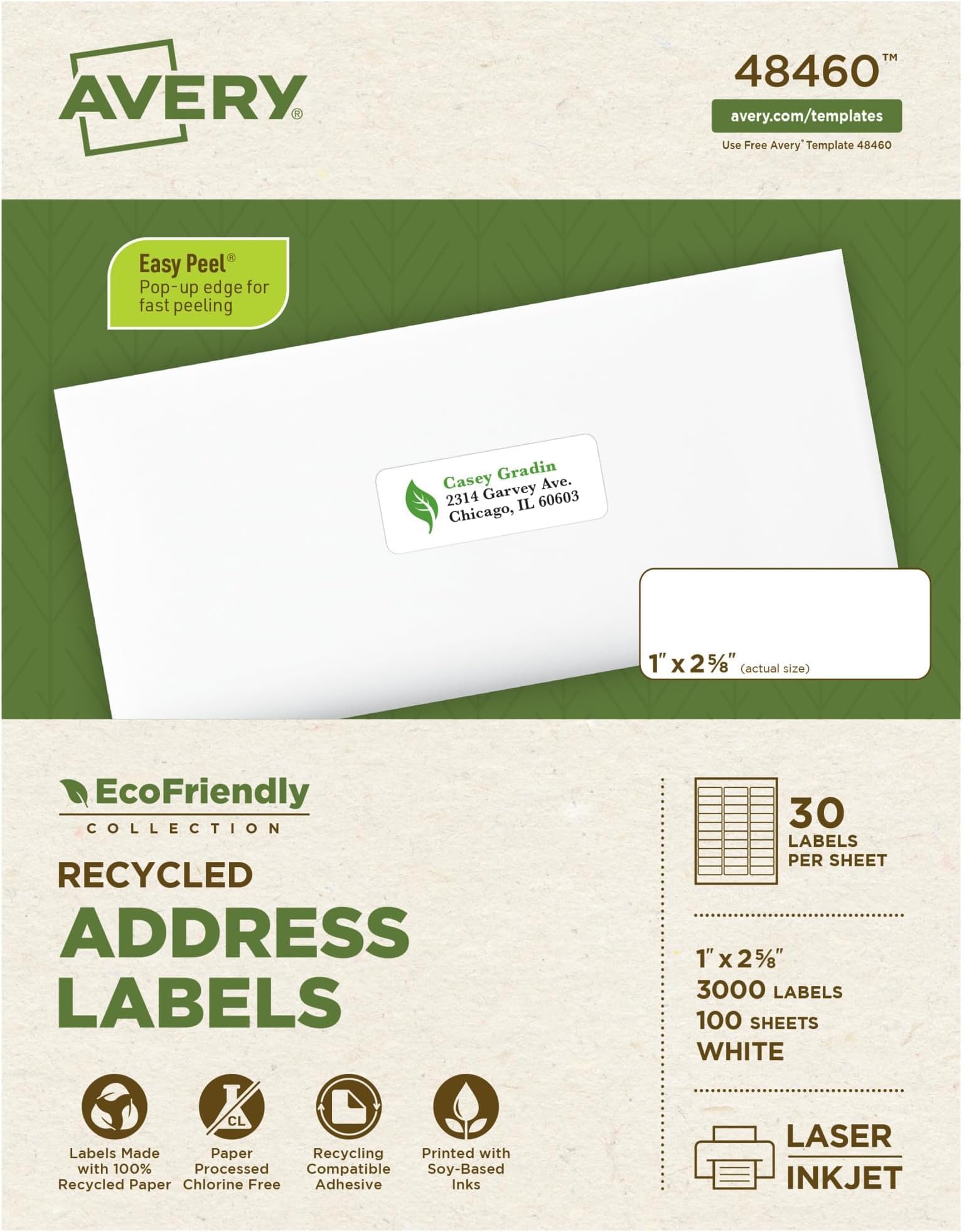 Avery EcoFriendly Recycled Address Labels, 1" x 2-5/8", White, Permanent Label Adhesive, 3,000 Printable Labels (48460) (Pack of 5)