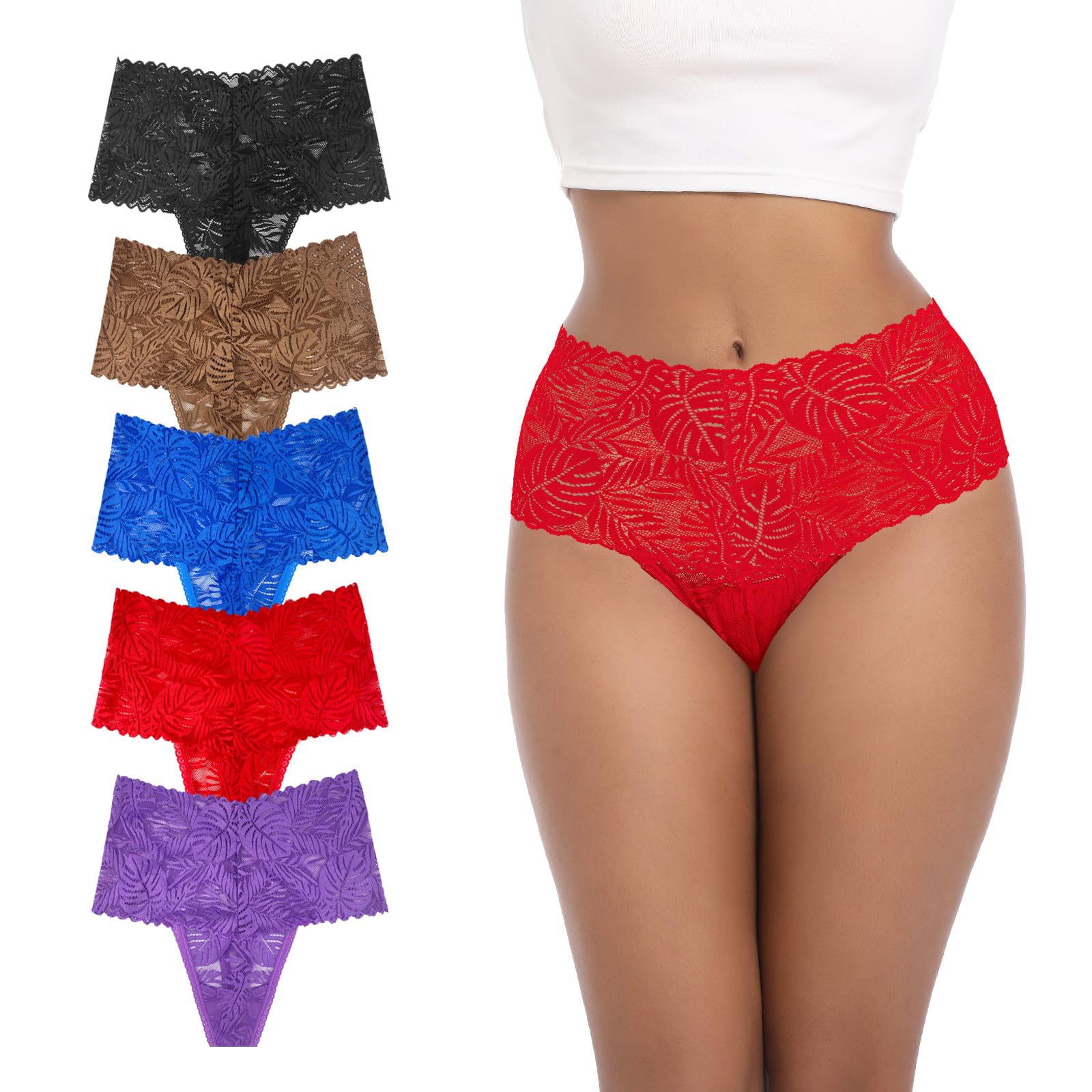 PSEFNAGX High Waisted Leaf Thick Waistband Lace Cotton Breathable Thongs Plus Size Pack 5 Size Small to 4X-Large
