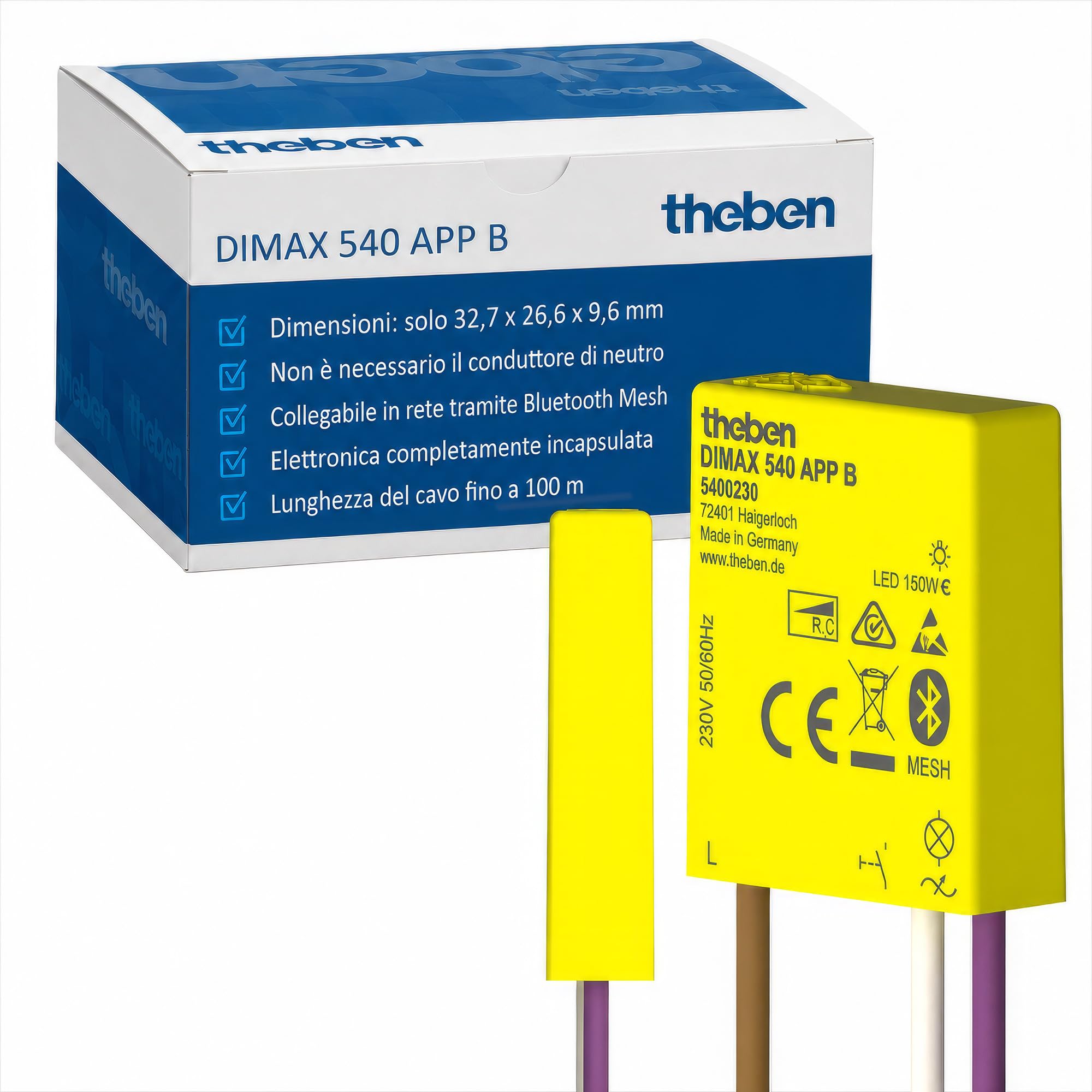 Theben 5400230 DIMAX 540 APP B mini dimmer a incasso R/C Bluetooth Mesh | ultracompatto 32,7 x 26,6 x 9,6 mm, nessun neutro, 150 W LED, scene luce, programma astronomico, 100 m cavo