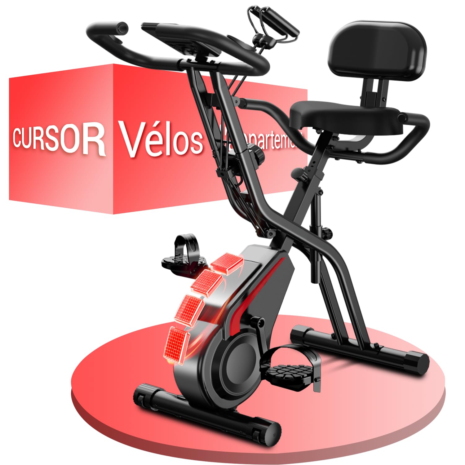 CURSOR velo d appartement pliable, 5-en-1 velo appartement pliable, équipé d'une résistance silencieuse à 16 niveaux. vélos d'appartement avec surveillance de la fréquence cardiaque et écran LED