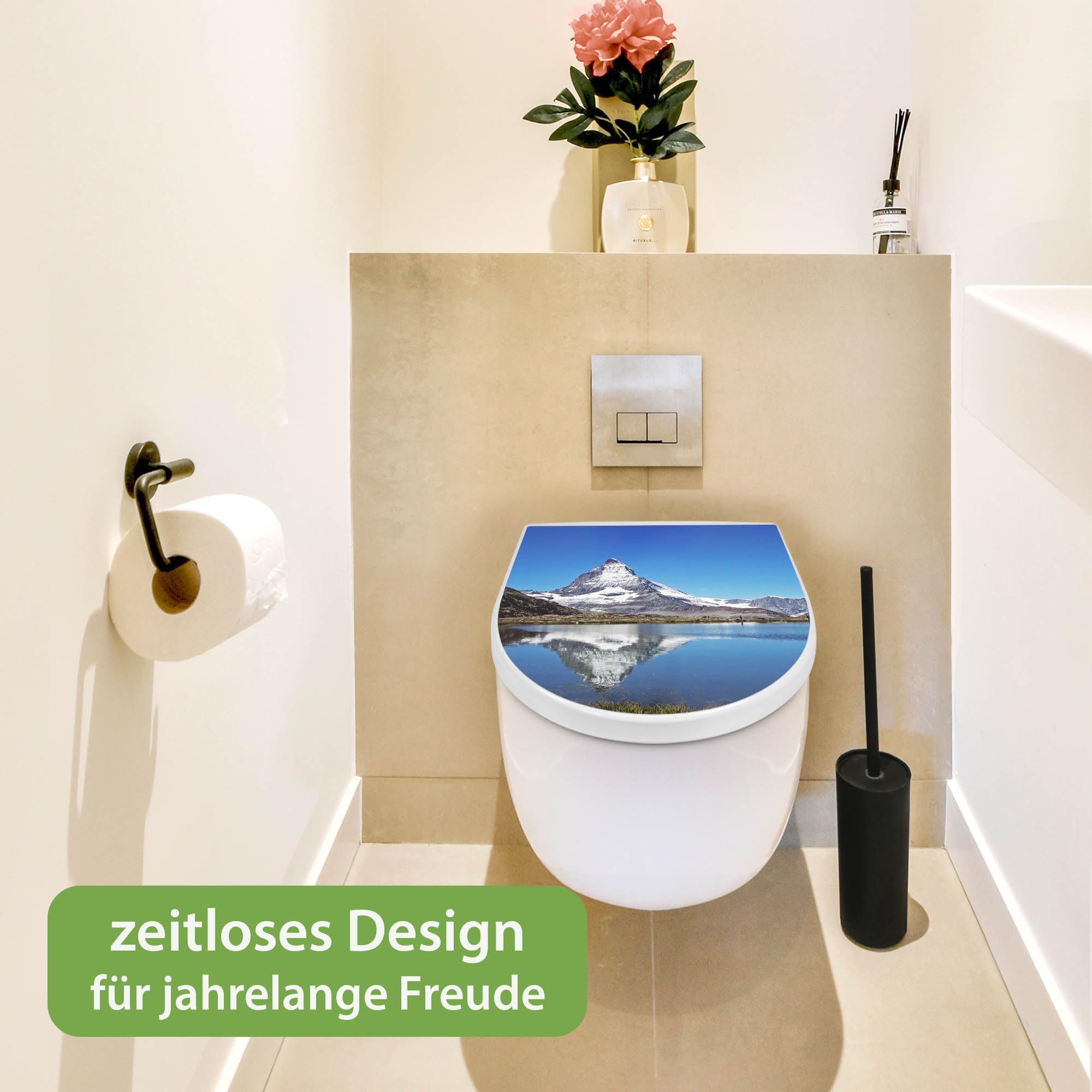 banjado WC Sitz mit Absenkautomatik D Form - Toilettendeckel mit Absenkautomatik D Form - Klodeckel Softclose - stabile Klobrille - Toilettensitz Weiß - Motiv Matterhorn