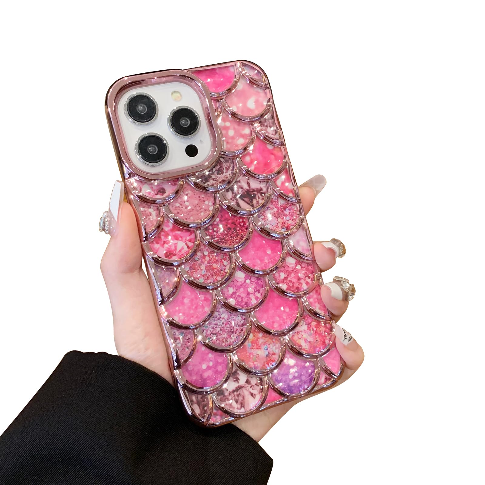 MintBear3D Bling Sparkle Plating Mermaid Phone Case Compatible with iPhone 14 Pro Max, Cute Gradient Glitter Fish Scale iPhone Case Cover with Camera Protection for Women - Pink