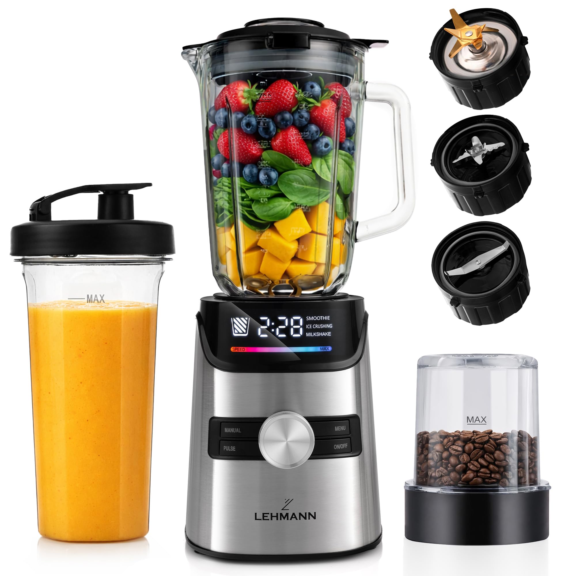 LEHMANN Frullatore Elettrico in Vetro 1,7 L, 10 Velocità, Pulse e 3 Programmi: Smoothie, Tritaghiaccio, Milkshake, Parti Lavabili in Lavastoviglie, Bottiglia Portatile e Macinino, 1400 W, Argento
