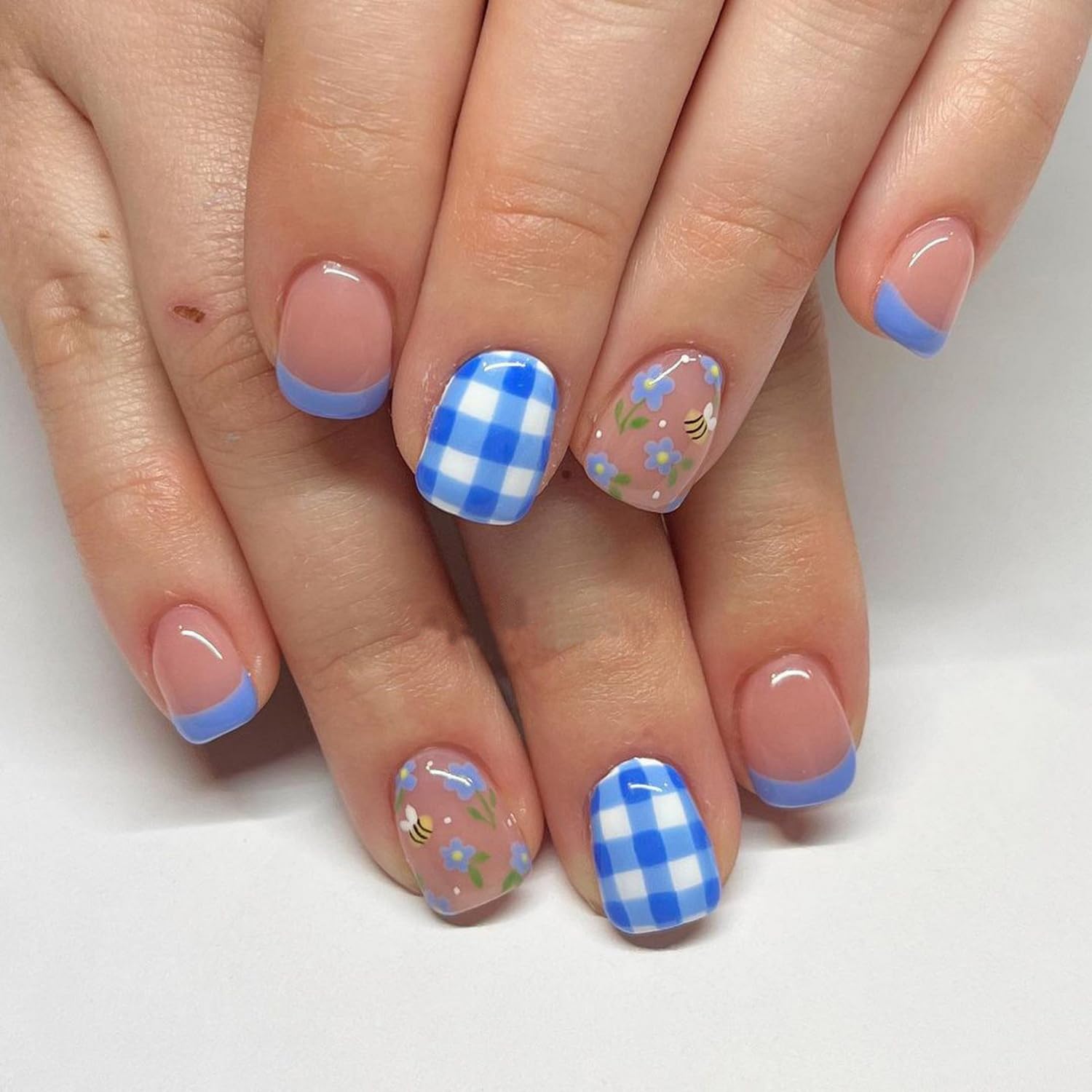 Cute Press On Nails with Bee and Flower Designs - Stick On Nails, Full Cover Blue and White Checkered French Tip Acrylic Nails - Summer Sweet Young