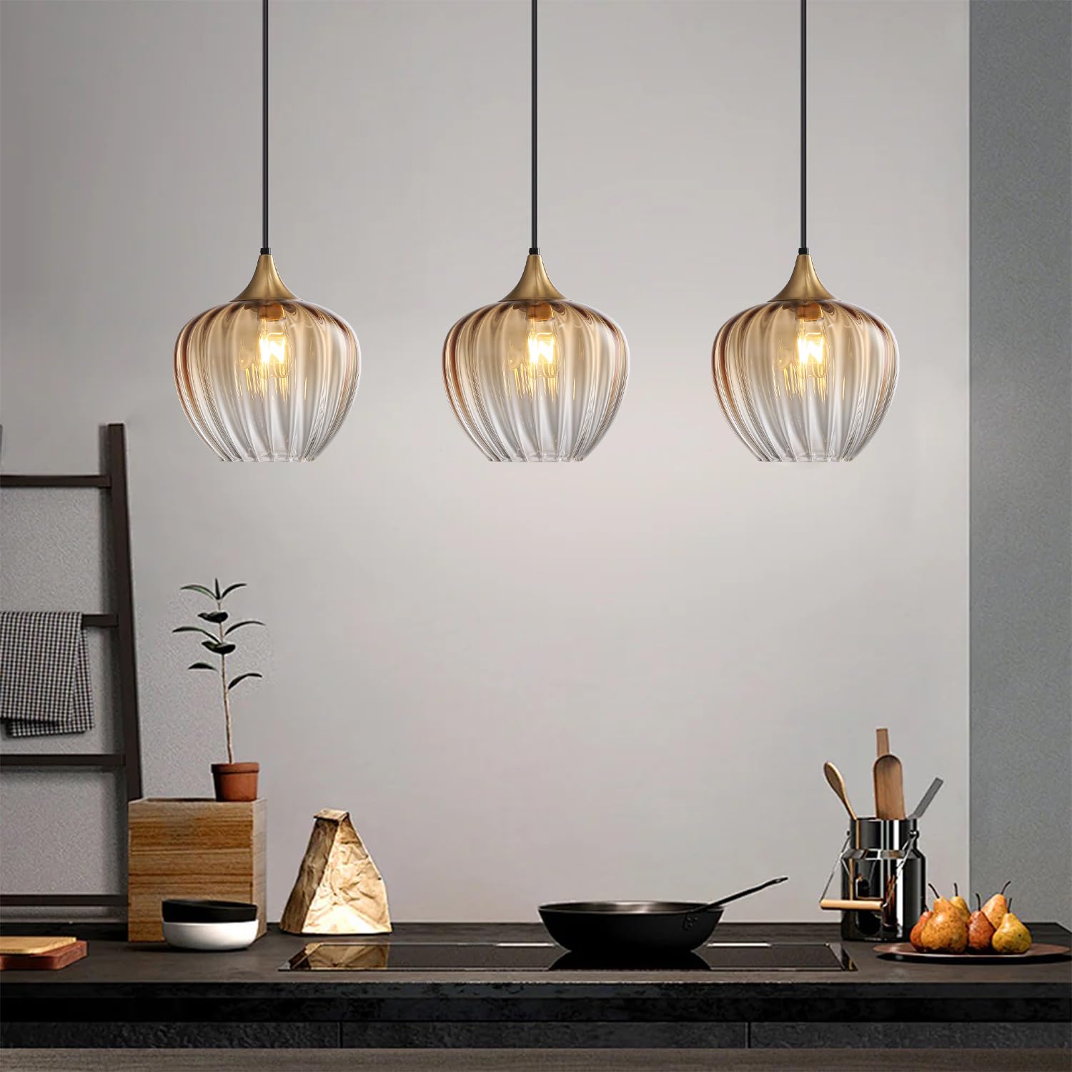 Lámparas colgantes de cristal para isla de cocina, lámpara colgante vintage de 9 pulgadas, accesorios de iluminación de techo, lámpara moderna de oro cepillado para comedor, sala de 3