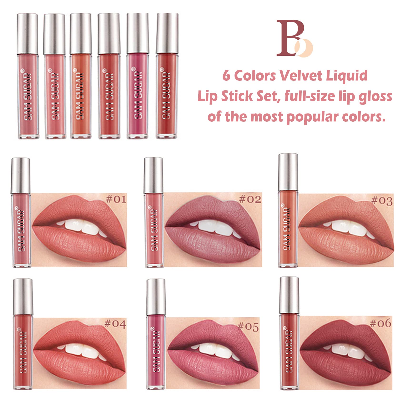 6Pcs Matte Nude Liquid Lipstick Set,Lip Gloss Lip Stain Waterproof