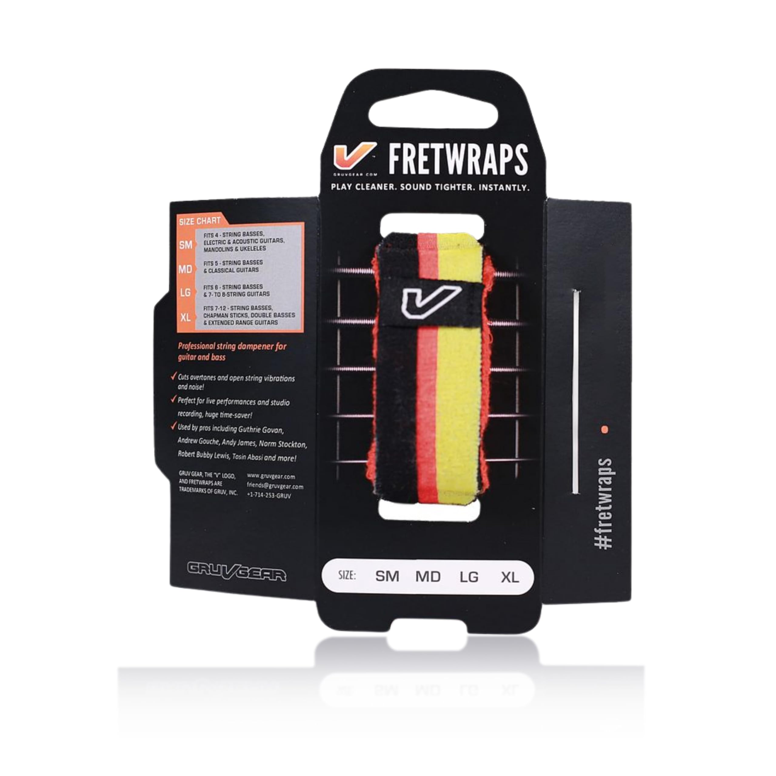 Gruv Gear Fret Wrap &amp; Guitar Mute, Fretwrap for Acoustic, Electric &amp; Bass | String Dampener Recording, Tapping &amp; Practice Accessory (1 Pack, Large Black/Red/Yellow, Fits 6 String Bass, 8 String