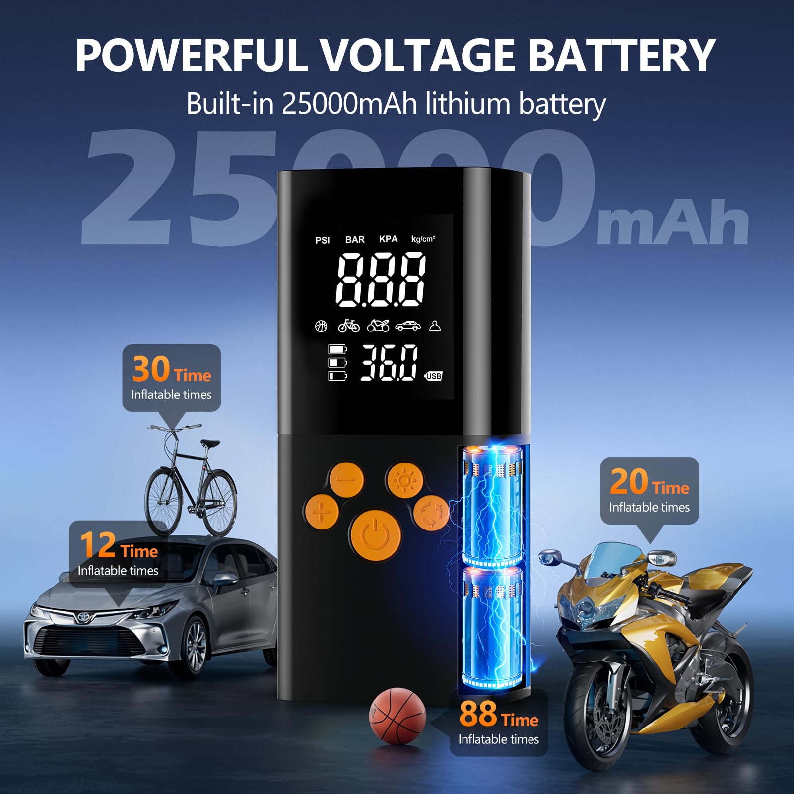 Compressore Aria Portatile, 180PSI Compressore Portatile per Auto con Batteria 25000mAh, Intelligente Un Clic Pompa Elettrica per Bicicletta, Moto e Altro Ancora con Misuratore di Pressione (nero)