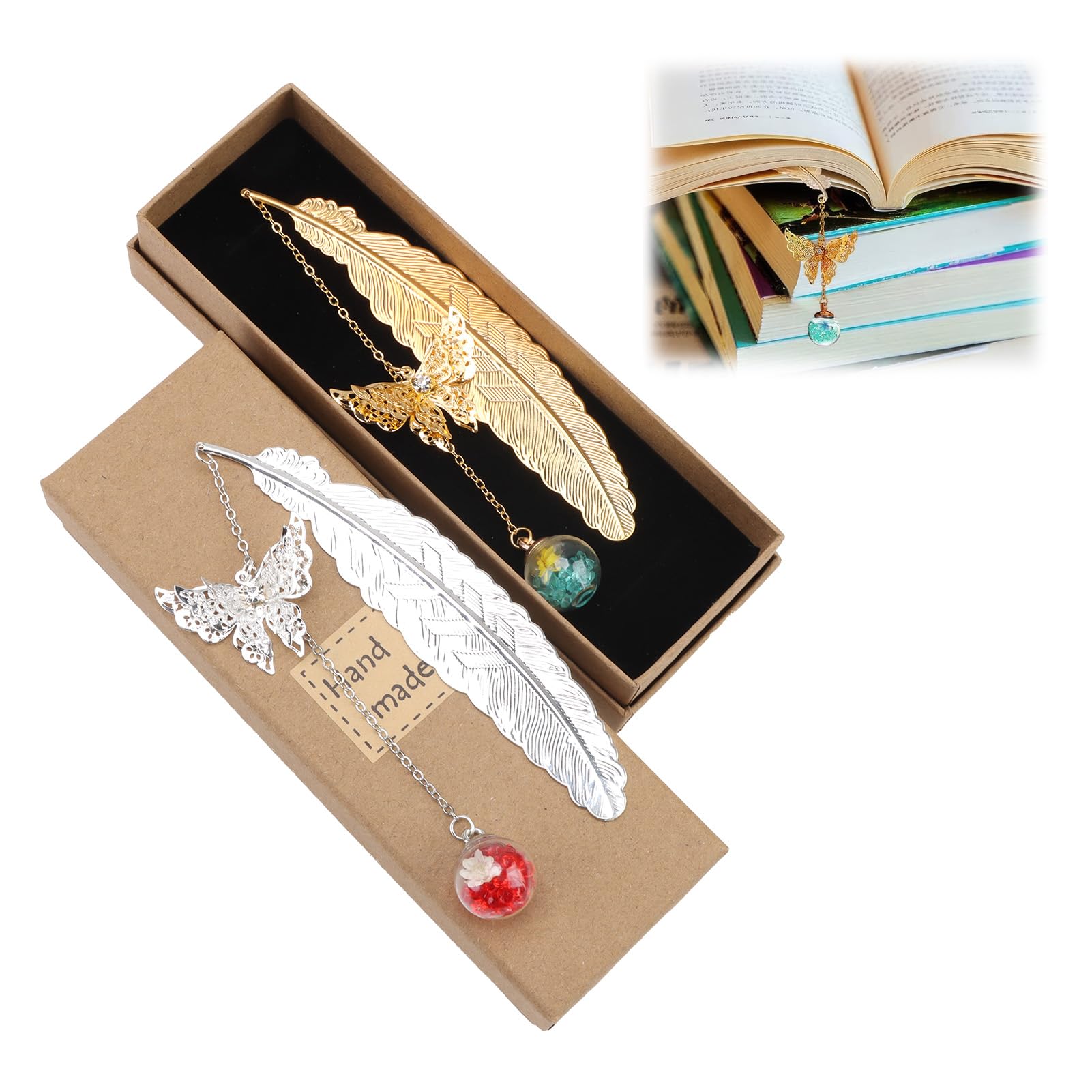 2pcs Marcapáginas de Plumas de Metal, Metálicas Regalo Ideal para Adultos, Niños Y Estudiantes, Marcadores de Plumas Doradas Y Plateadas, con Mariposas 3D Y Colgantes de Flores Secas de Vidrio