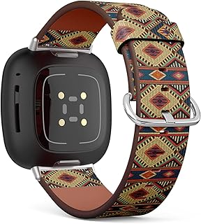 CJBROES Replacement Leather Watch Band, Compatible with Fitbit Versa 3 and Fitbit Sense of Wristband Bracelet Accessory - Embroidered Geometric Ornament