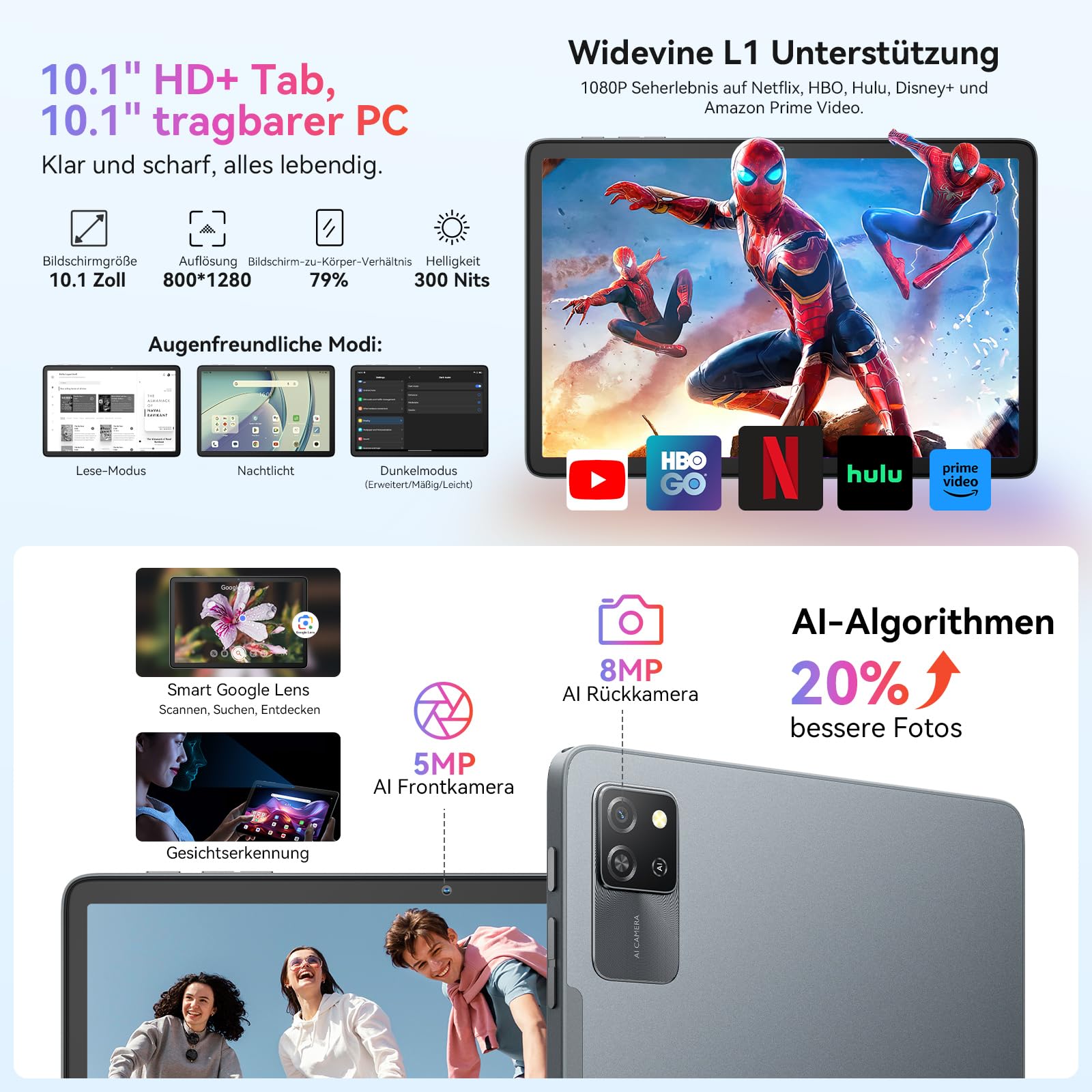 Blackview Tab60 Pro Android 15 Tablet 10 Zoll, 24GB(8GB+16GB Erweiterung) RAM+128GB ROM(2TB TF), Dual 4G LTE SIM,Octa Core PC Tablets, 7700mAh Akku, Widevine L1 HD Display, 5G WiFi, Face ID, GPS