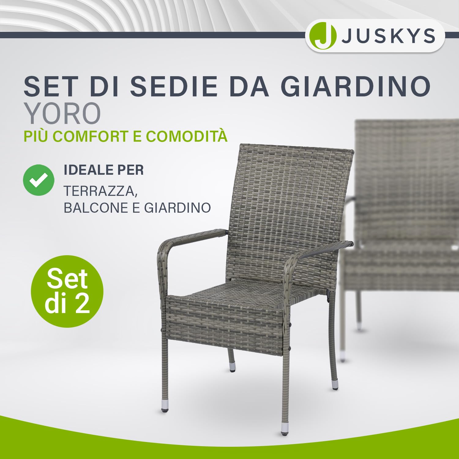 Juskys Sedie da giardino in polyrattan Yoro set da 2 con braccioli e schienale impilabili grigio melange