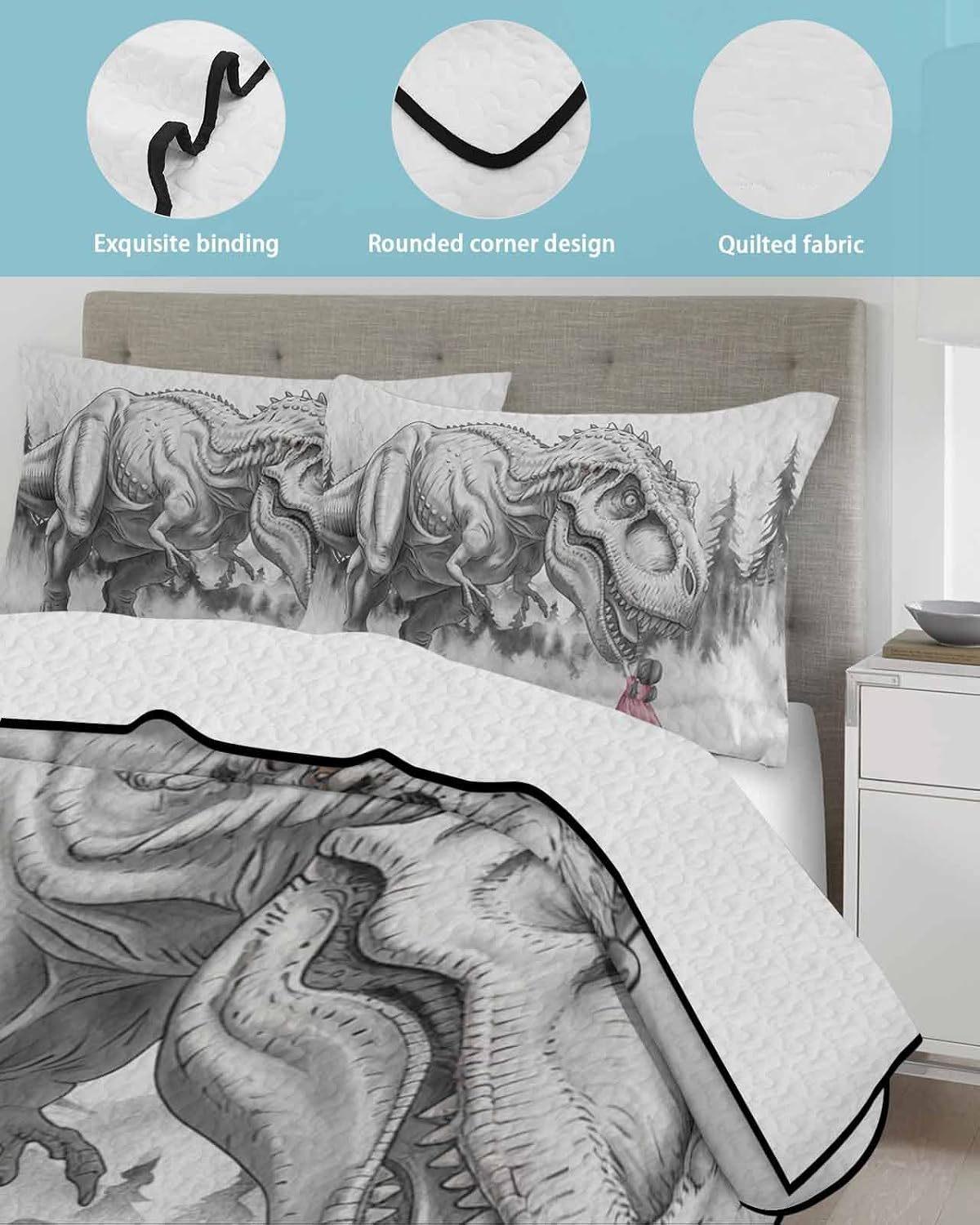 Twin Quilt Sets, Dinosaurs Girl Lightweight Bedspreads with 2 Pillow Shams, Gray Funny Cartoon Animals Forest Soft Summer Bed Coverlets 3 Pieces Bedding Set for All Season