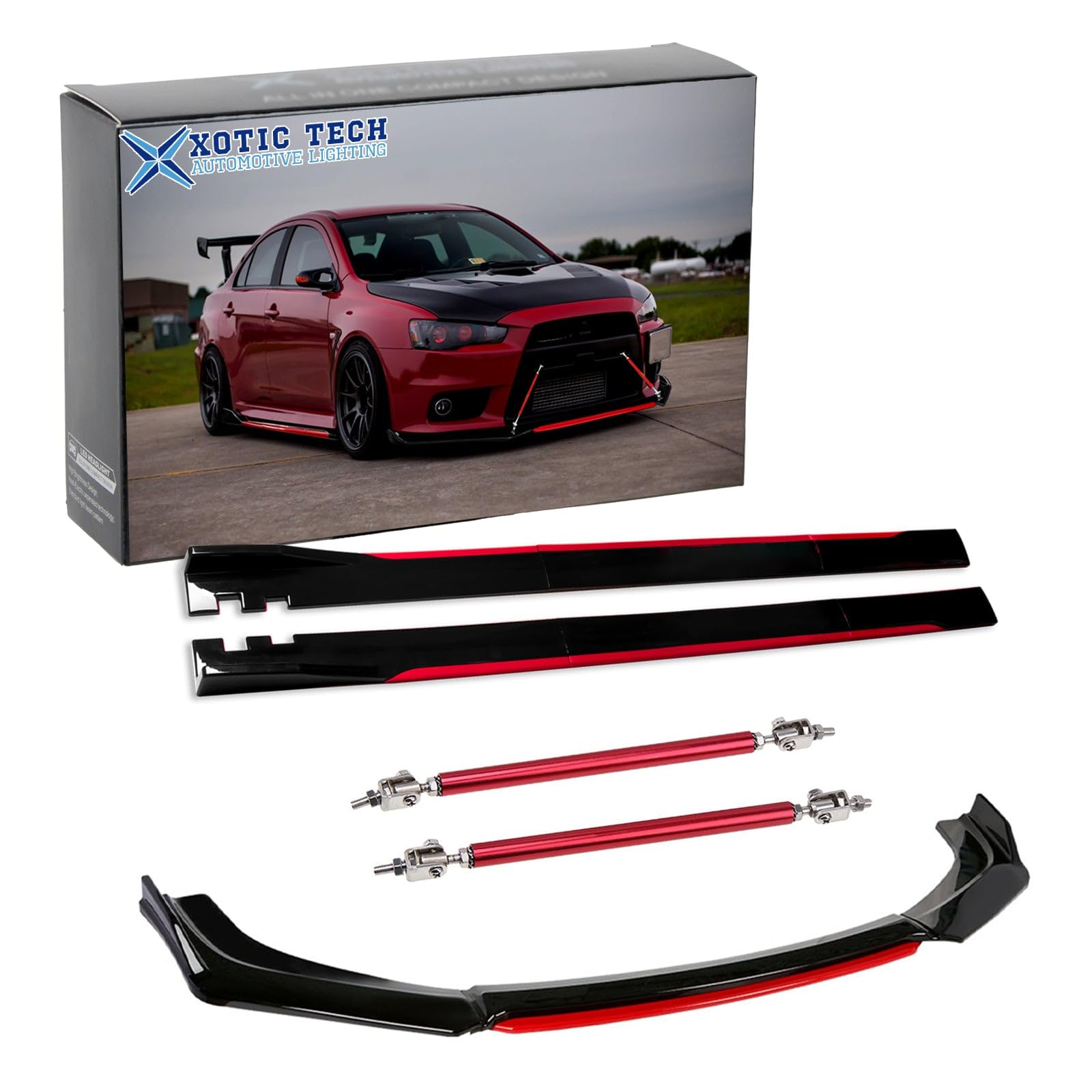 Xotic Tech Front Bumper Lip Chin Spoiler+ 2M Side Skirt Winglets Diffusers+ Adjustable 10"-13" Support Rod Universal Fit Most Vehicles, Glossy Black w/Red