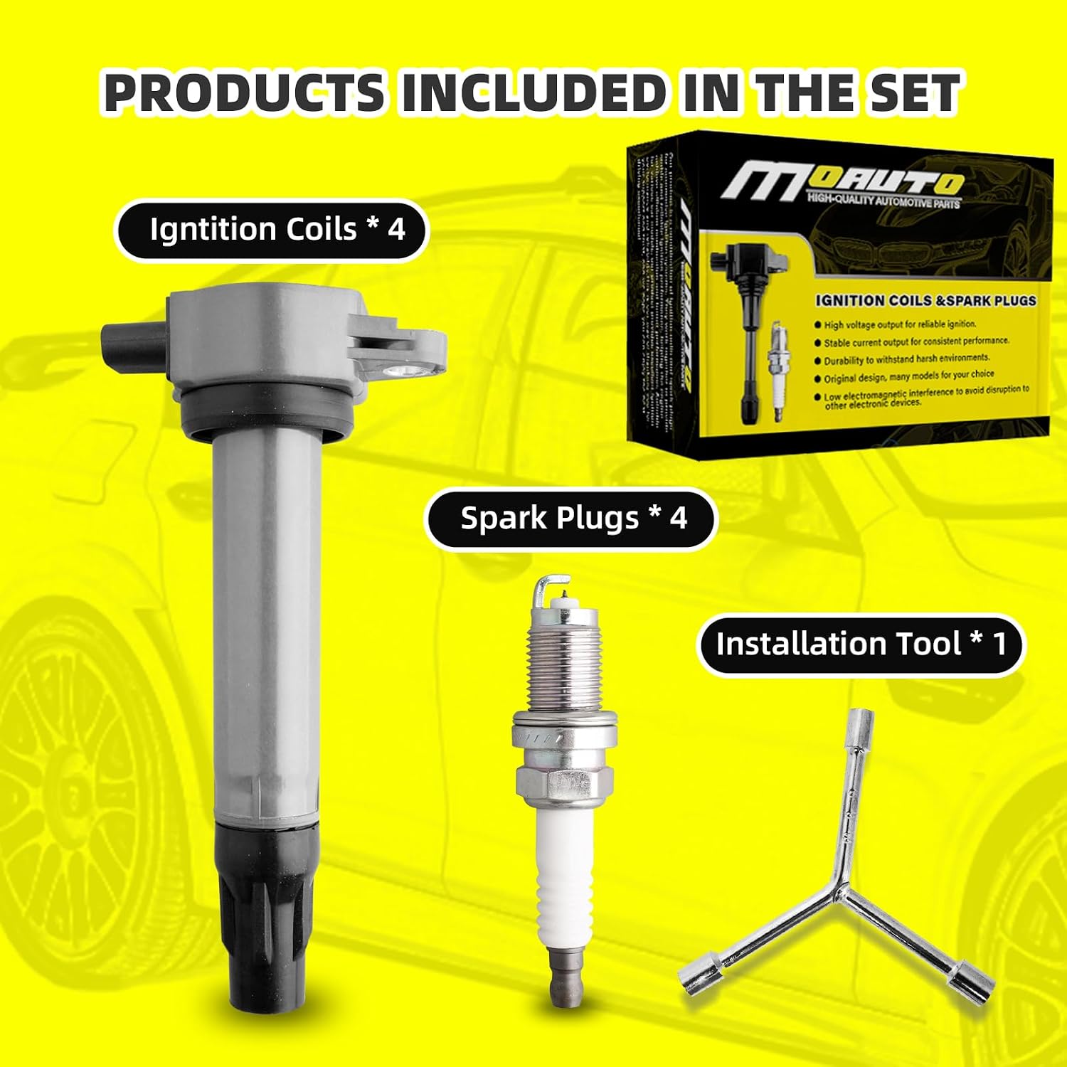 Set of 4 Ignition Coils Pack UF557 4606824AB & 4 PCS Iridium Spark Plugs Compatible with Chrysler Dodge Jeep 200 Sebring Avenger Caliber Journey Compass Patriot - 1.8L 2.0L 2.4L L4